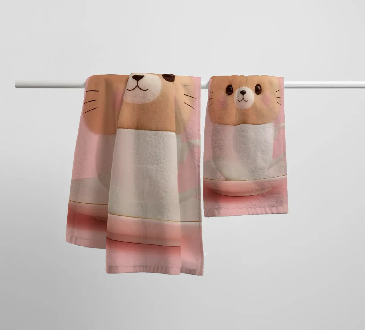 Cute bear plush sits inside a white teacup on a matching sau towel by DesignDoodle