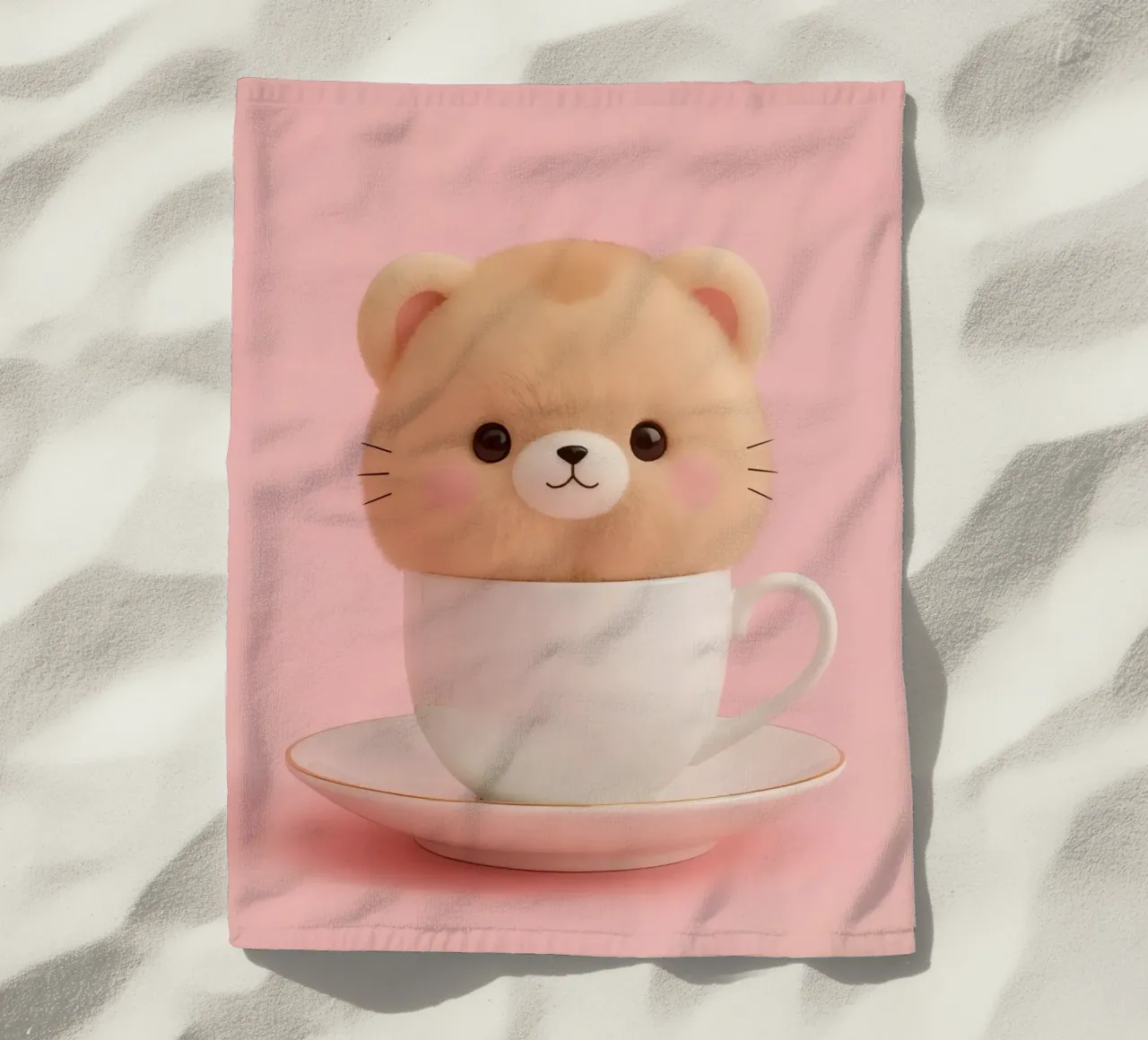 Der niedliche Plüschbär sitzt in einer weißen Teetasse auf einer passenden Sau Strandtuch von DesignDoodle