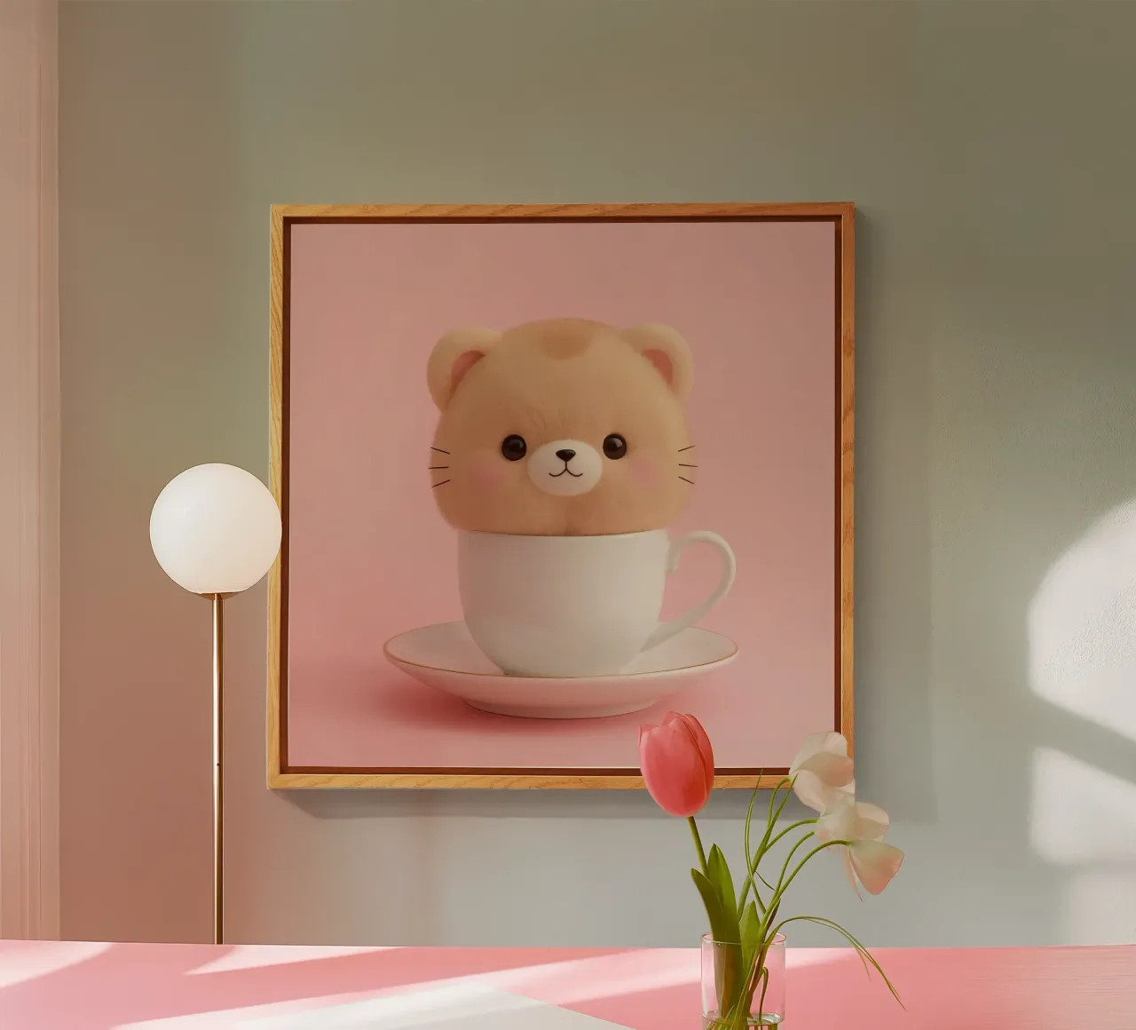 Un simpatico orsetto di peluche si trova all'interno di una tazza da tè bianca su un supporto coordinato. plexiglass da DesignDoodle