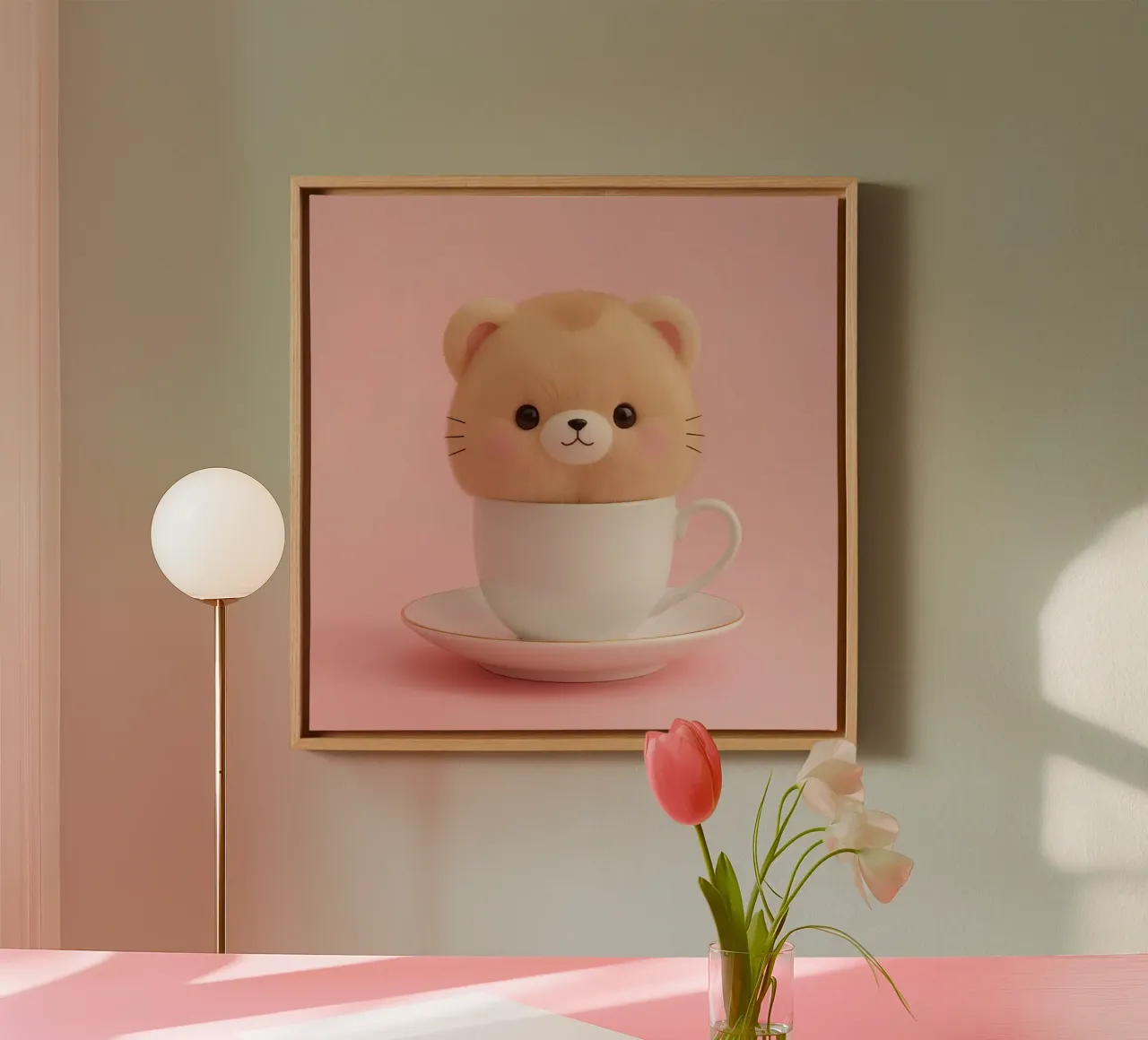 Un simpatico orsetto di peluche si trova all'interno di una tazza da tè bianca su un supporto coordinato. tela con Cornice a cassetta da DesignDoodle