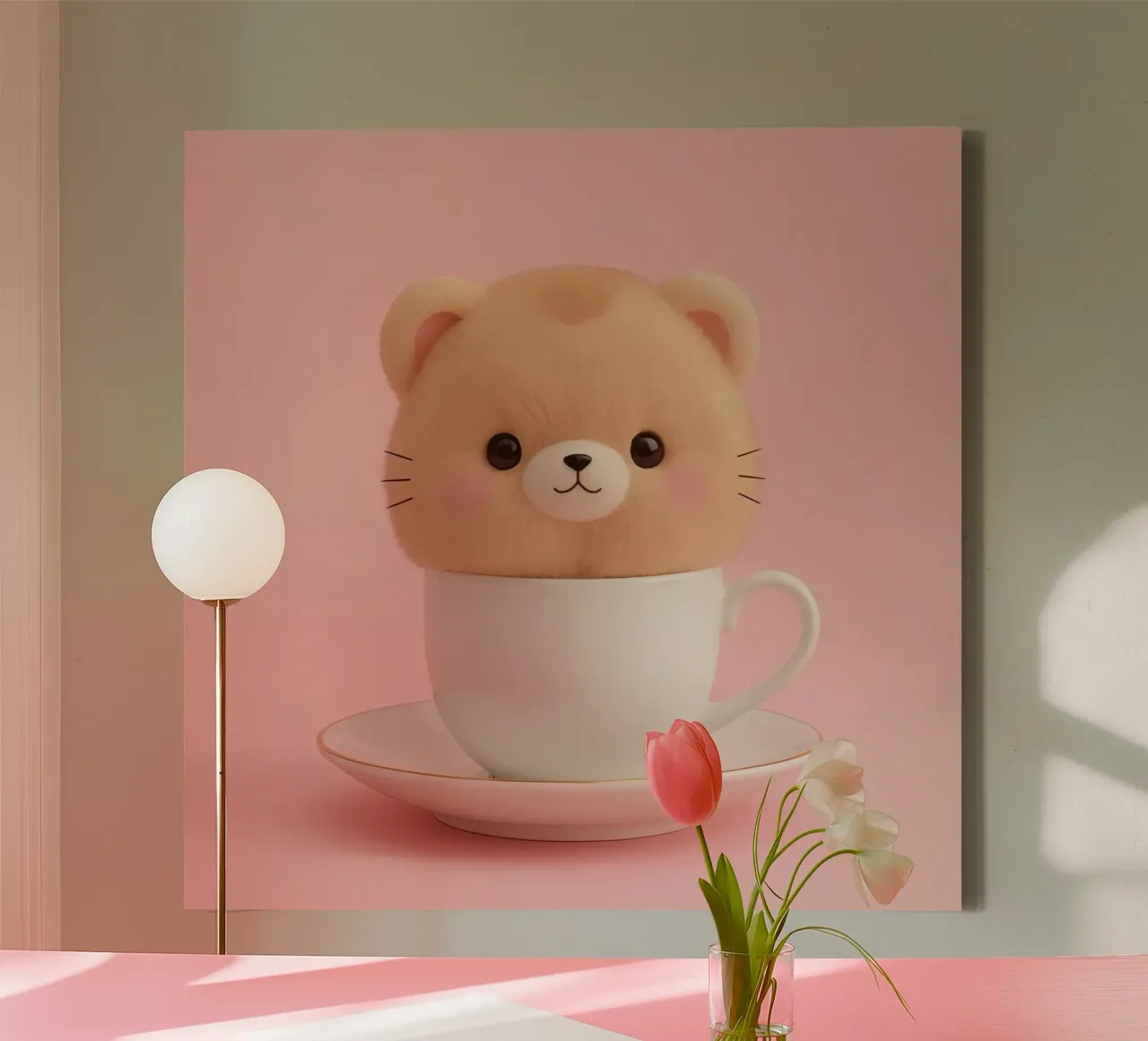 Un simpatico orsetto di peluche si trova all'interno di una tazza da tè bianca su un supporto coordinato. tela con Cornice a cassetta da DesignDoodle