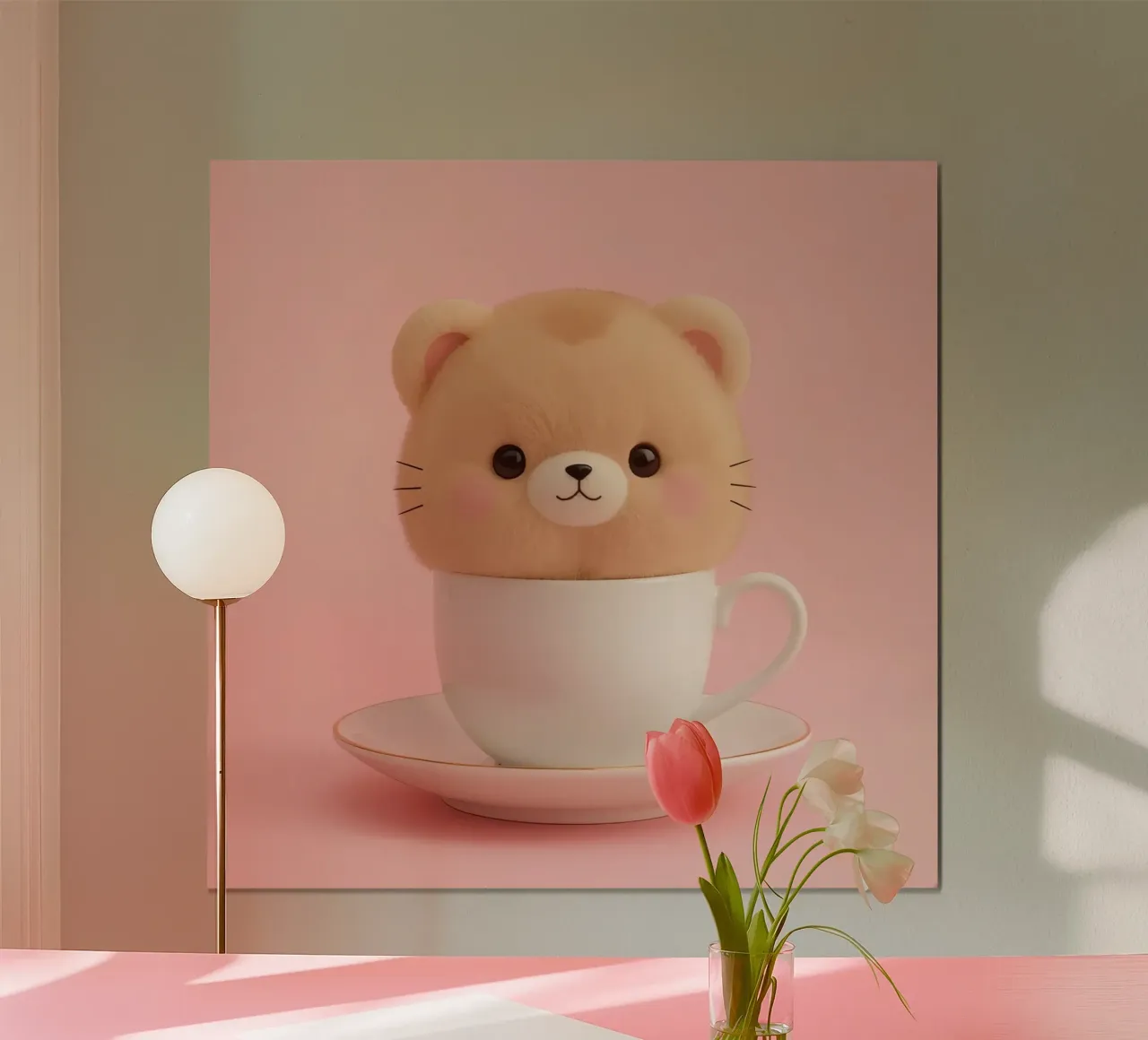 Der niedliche Plüschbär sitzt in einer weißen Teetasse auf einer passenden Sau Hahnemühle von DesignDoodle