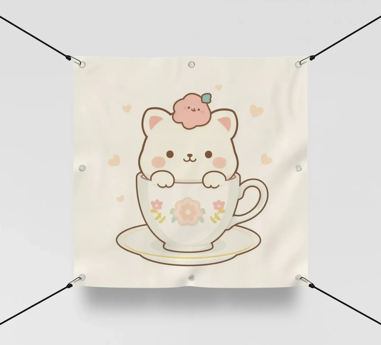 Cute white carsits inside a floral teacup pvc cover by DesignDoodle