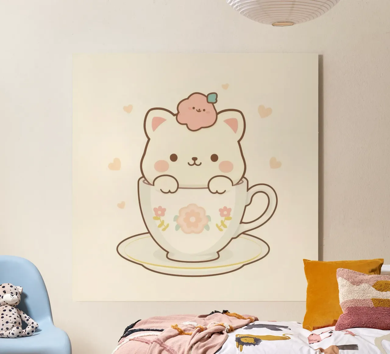 Cute white carsits inside a floral teacup acrylic glass by DesignDoodle