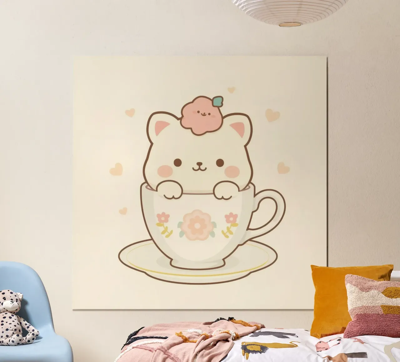 Niedliche weiße Autositzchen in einer geblümten Teetasse Hahnemühle von DesignDoodle