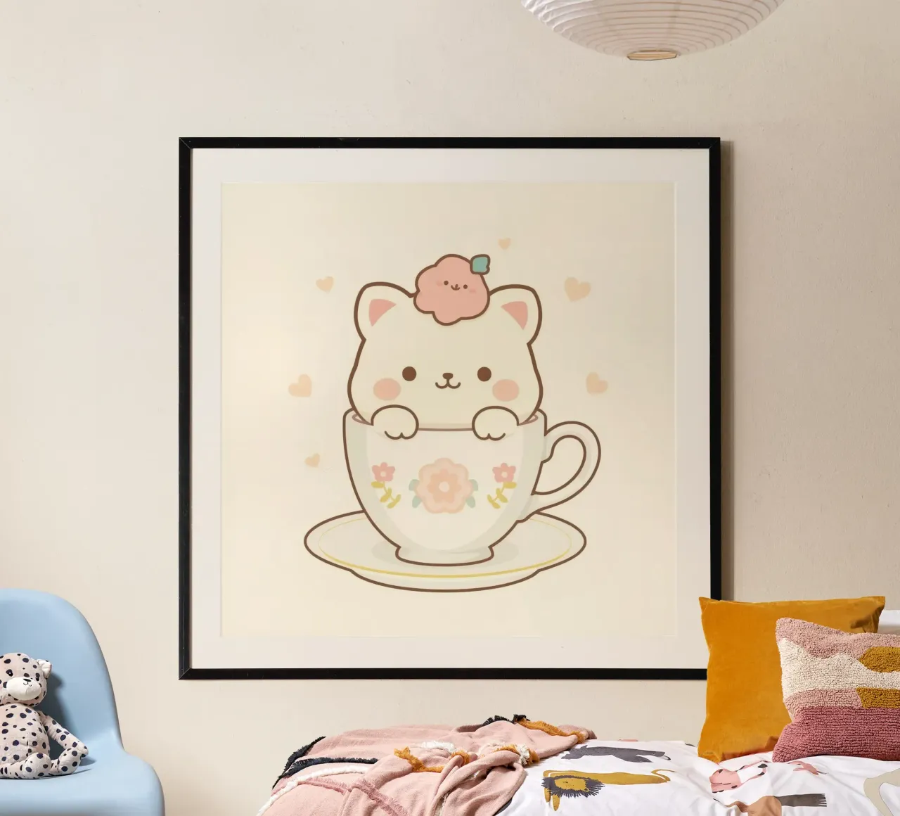 Niedliche weiße Autositzchen in einer geblümten Teetasse Hahnemühle von DesignDoodle