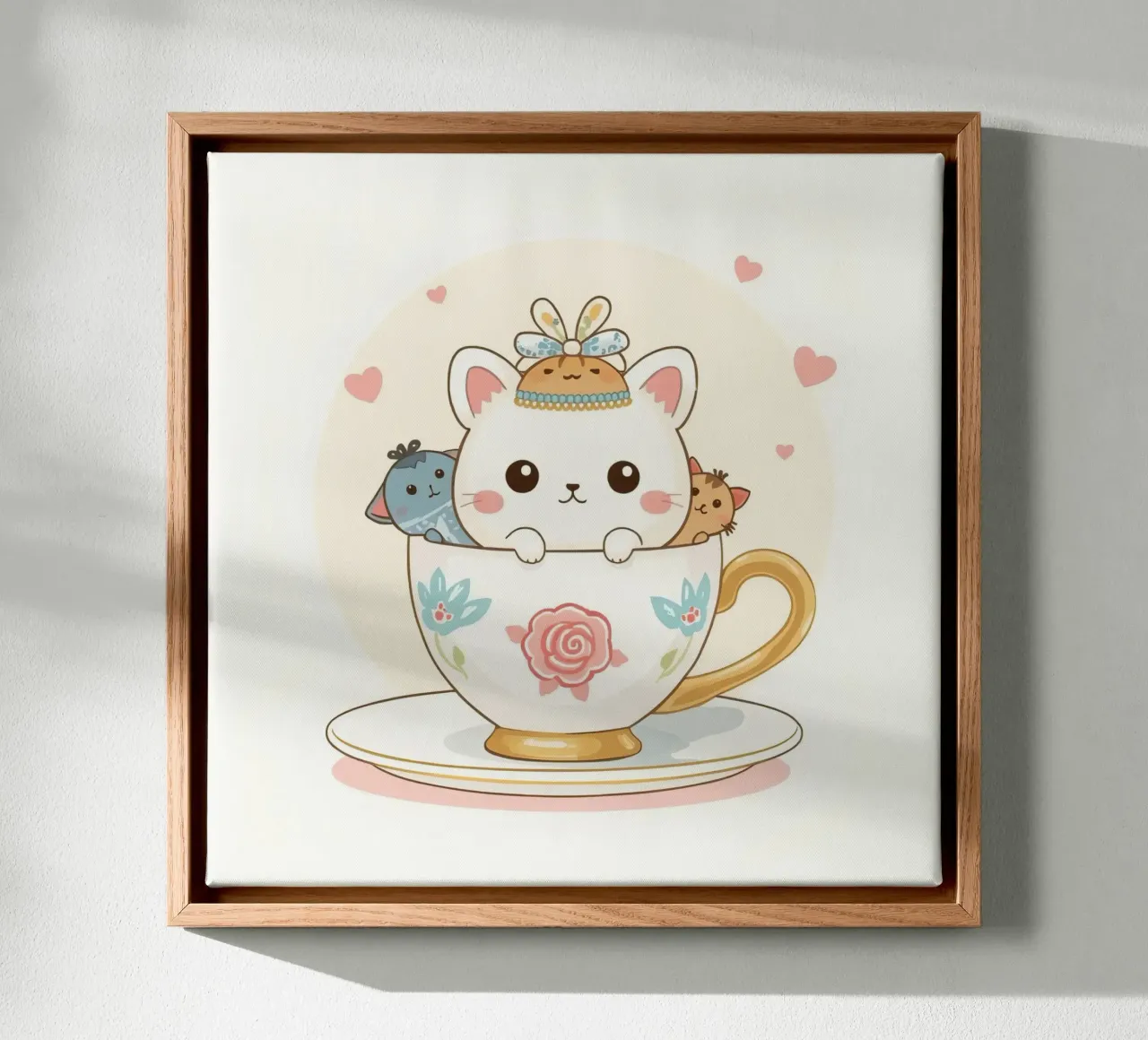 Teneri gattini all'interno di una tazza da tè decorata tela con Cornice a cassetta da DesignDoodle