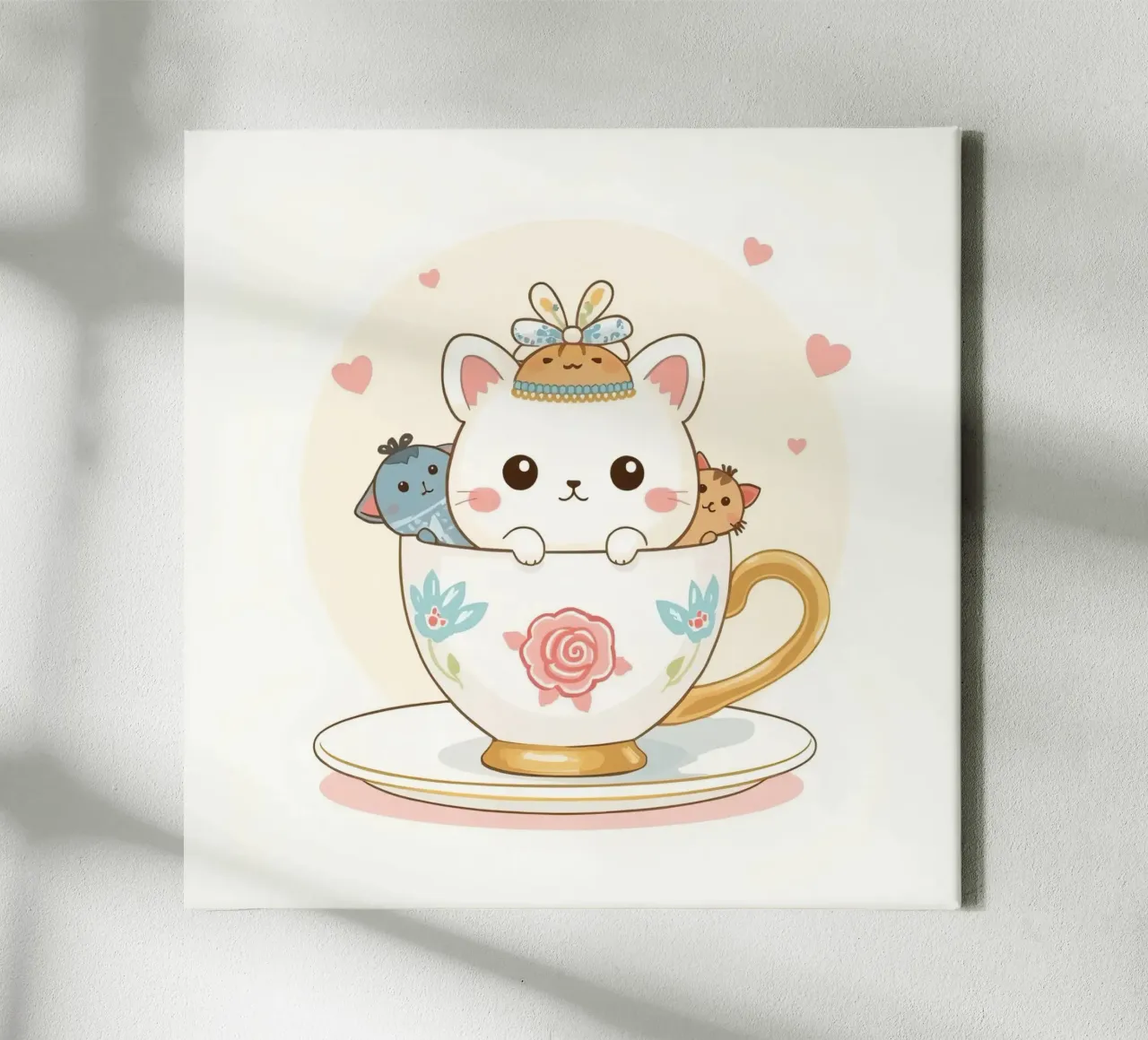Teneri gattini all'interno di una tazza da tè decorata tela con Cornice a cassetta da DesignDoodle