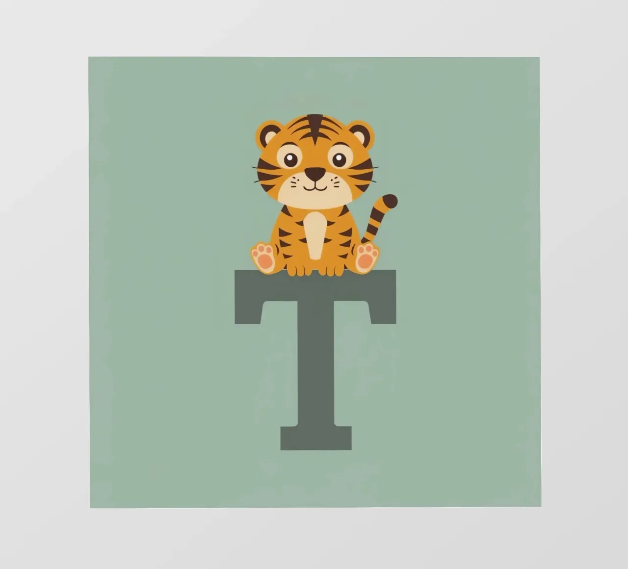 Simpatico cartone animato di una tigre seduta sulla lettera T pellicola backlit da DesignDoodle