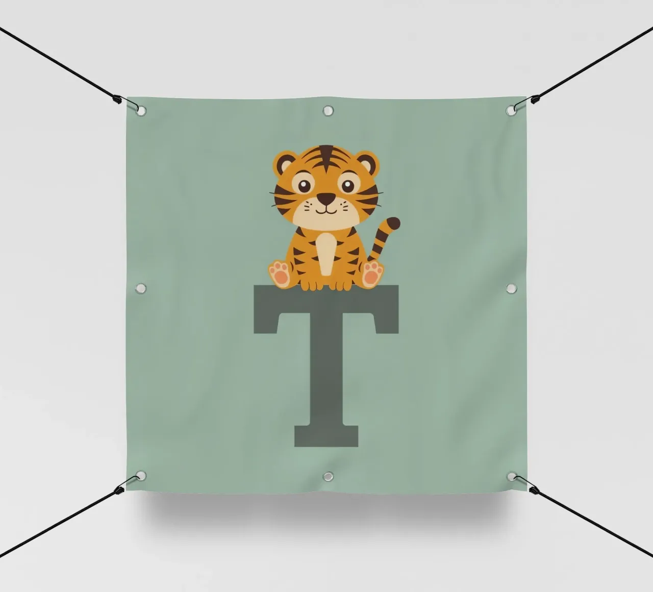 Simpatico cartone animato di una tigre seduta sulla lettera T telo in pvc da DesignDoodle