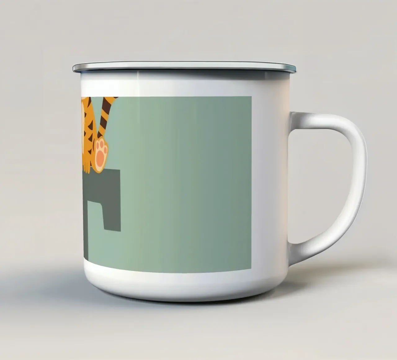 Simpatico cartone animato di una tigre seduta sulla lettera T tazza in smalto da DesignDoodle