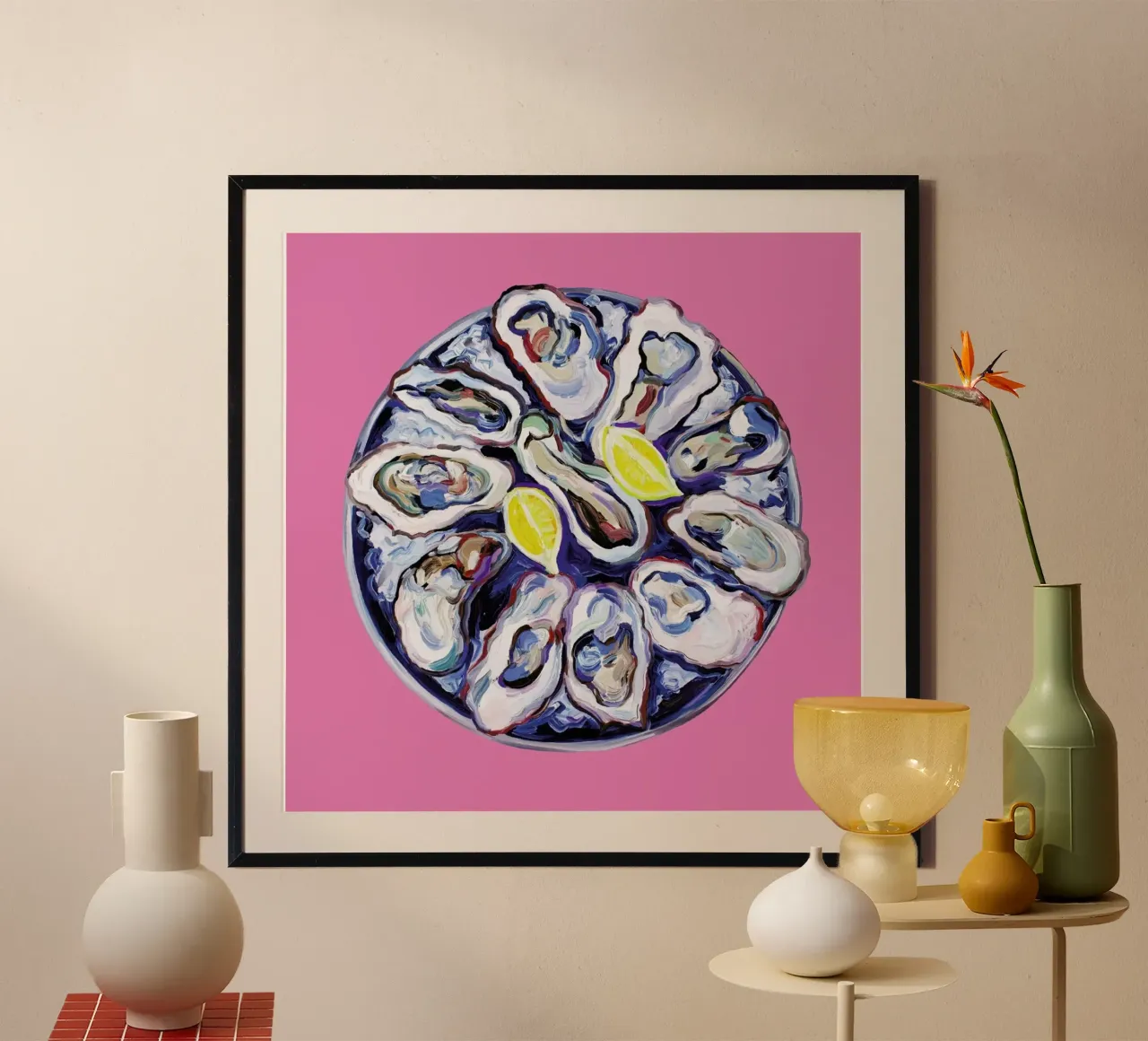 Oysters On A Plate Pink poster con telaio in legno da Alice Straker
