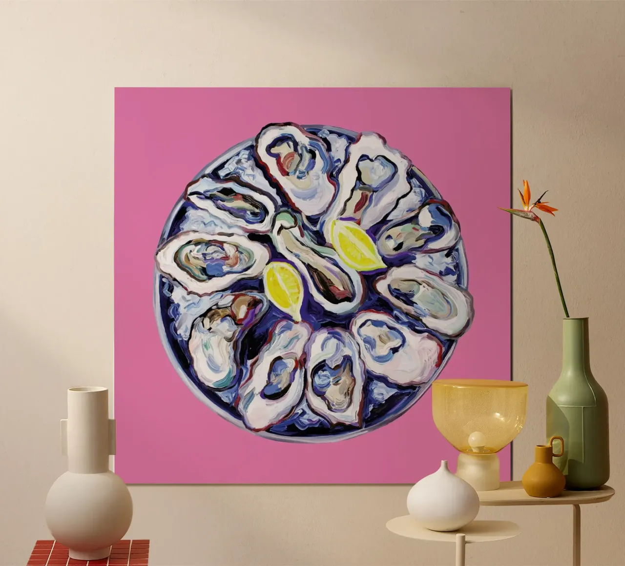 Oysters On A Plate Pink poster con telaio in legno da Alice Straker