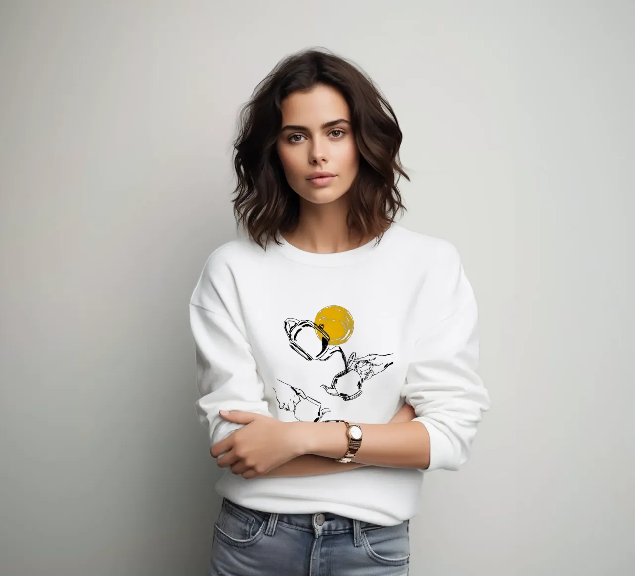 Dessin au trait minimaliste de la verseuse de thé avec le soleil jaune sweat de EDMPROJECT