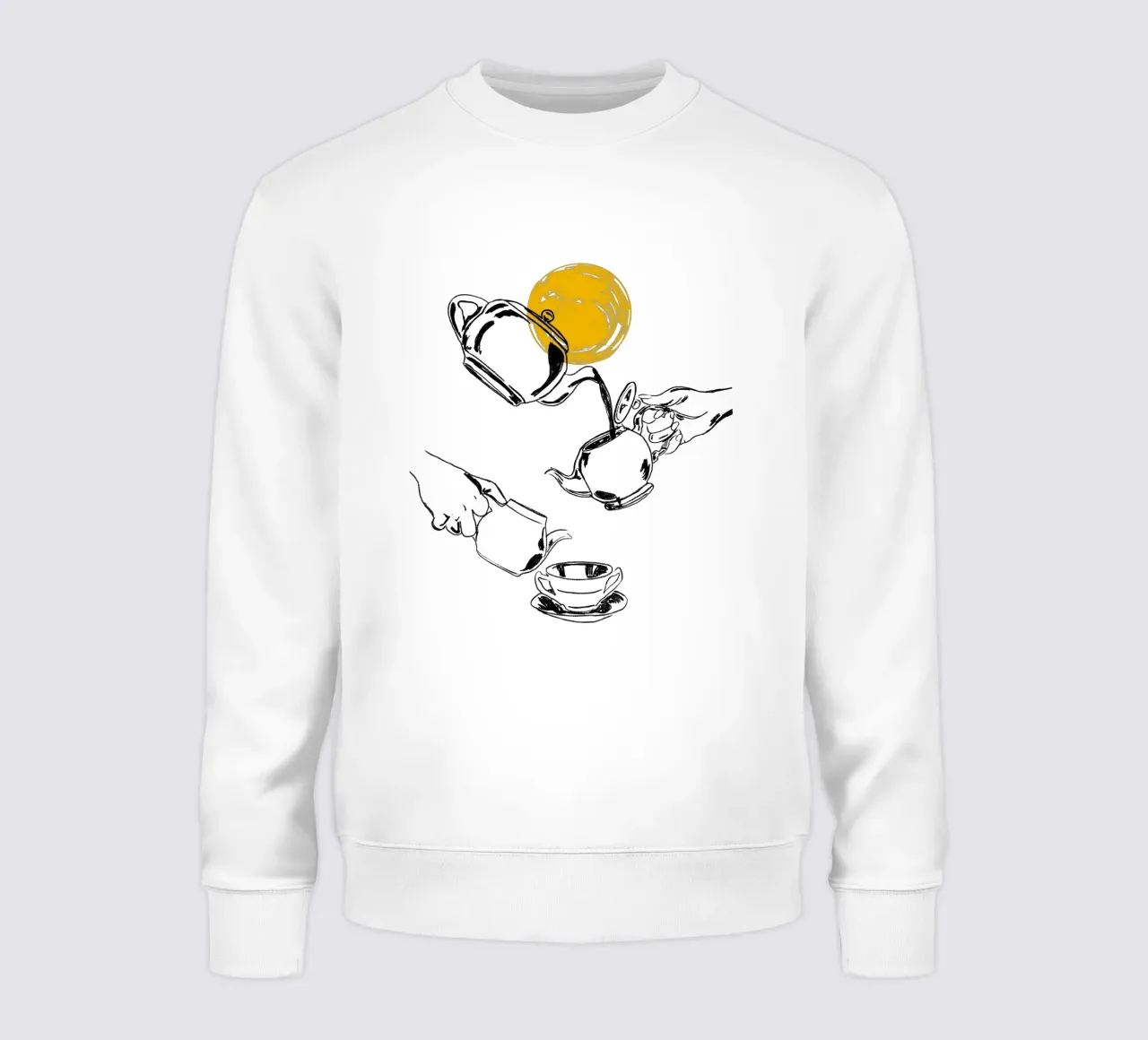 Dessin au trait minimaliste de la verseuse de thé avec le soleil jaune sweat de EDMPROJECT