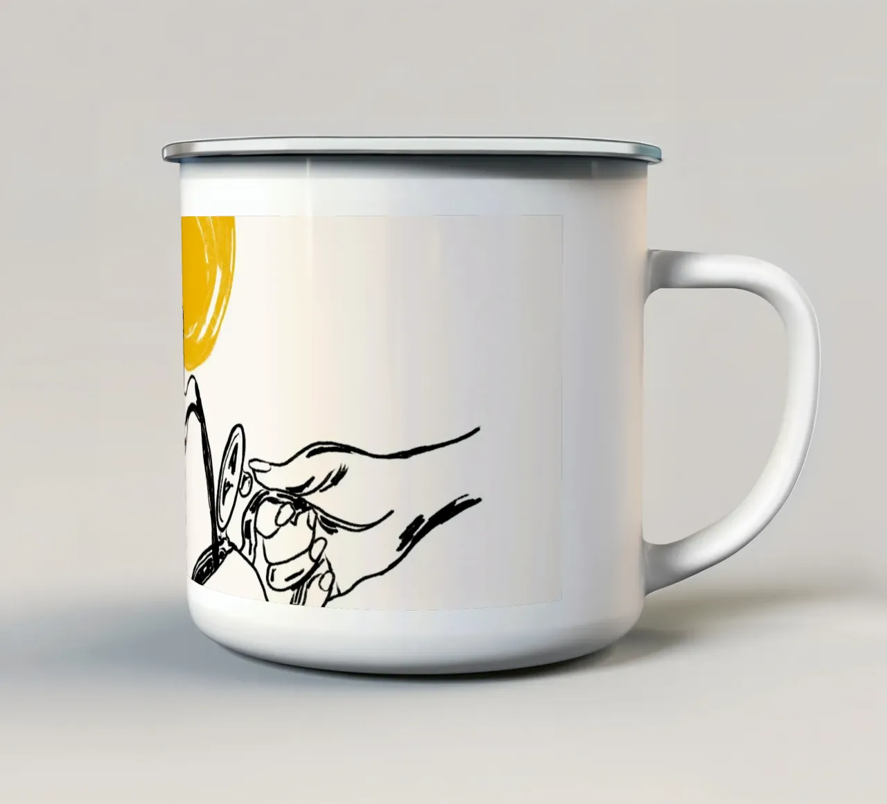 Dessin au trait minimaliste de la verseuse de thé avec le soleil jaune mug en émail de EDMPROJECT