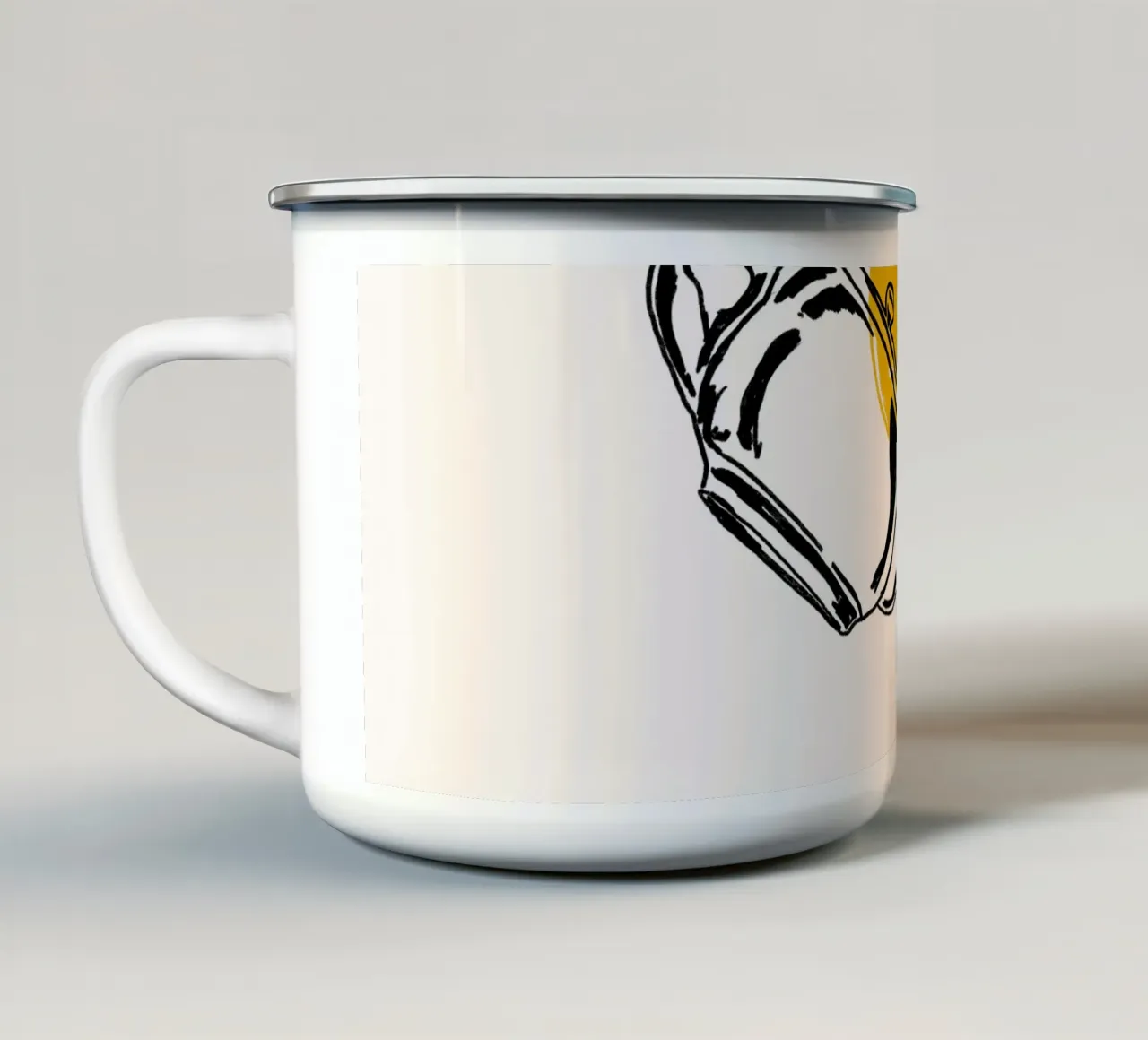 Dessin au trait minimaliste de la verseuse de thé avec le soleil jaune mug en émail de EDMPROJECT