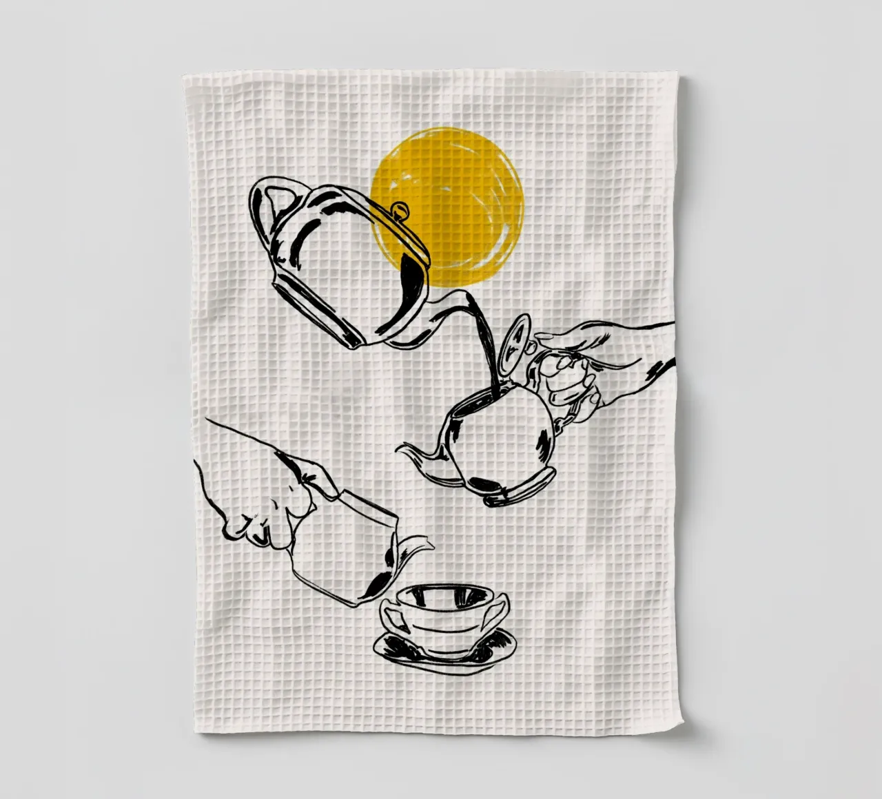 Dessin au trait minimaliste de la verseuse de thé avec le soleil jaune torchon de EDMPROJECT