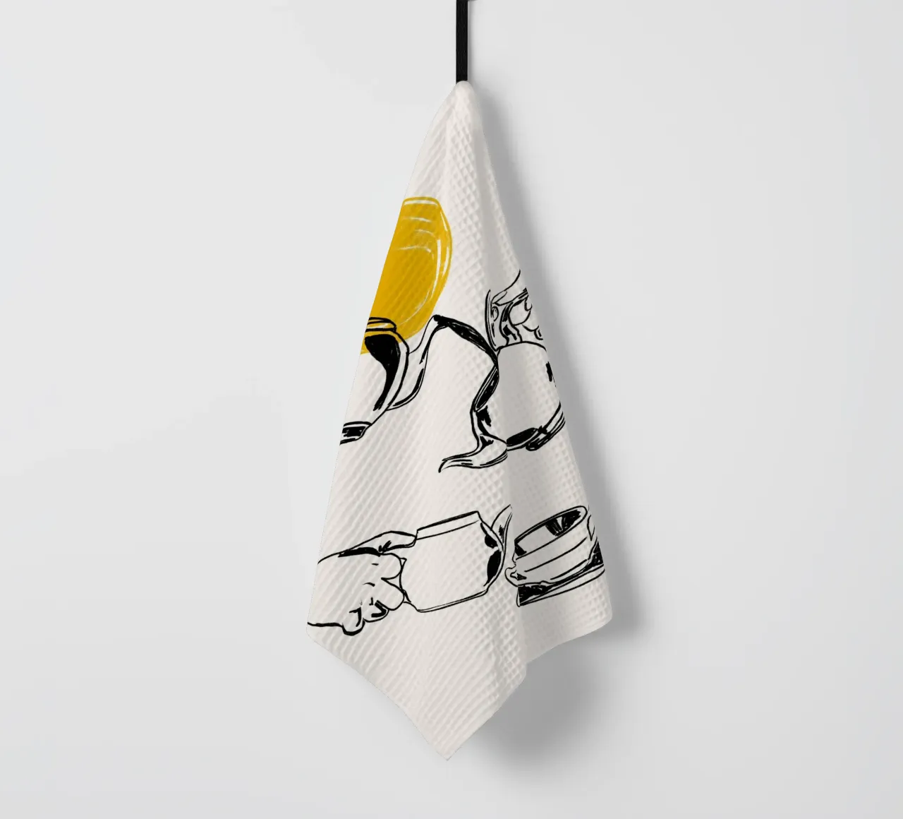 Dessin au trait minimaliste de la verseuse de thé avec le soleil jaune torchon de EDMPROJECT