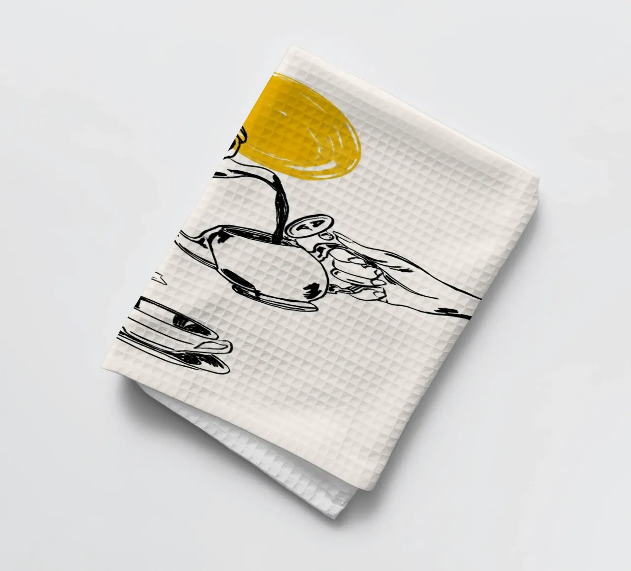 Dessin au trait minimaliste de la verseuse de thé avec le soleil jaune torchon de EDMPROJECT