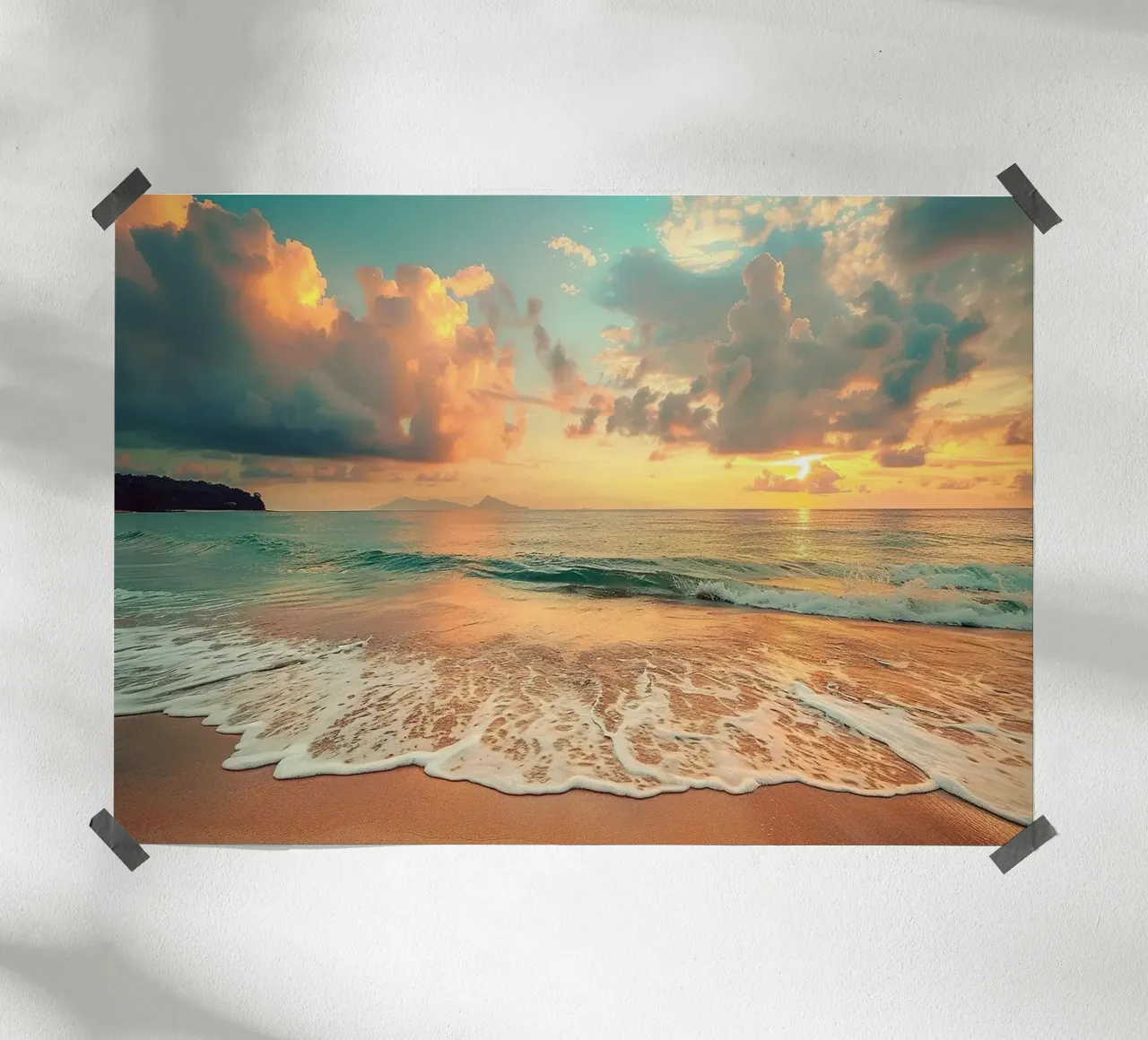 Tramonto sulla spiaggia sabbiosa del mare poster da book