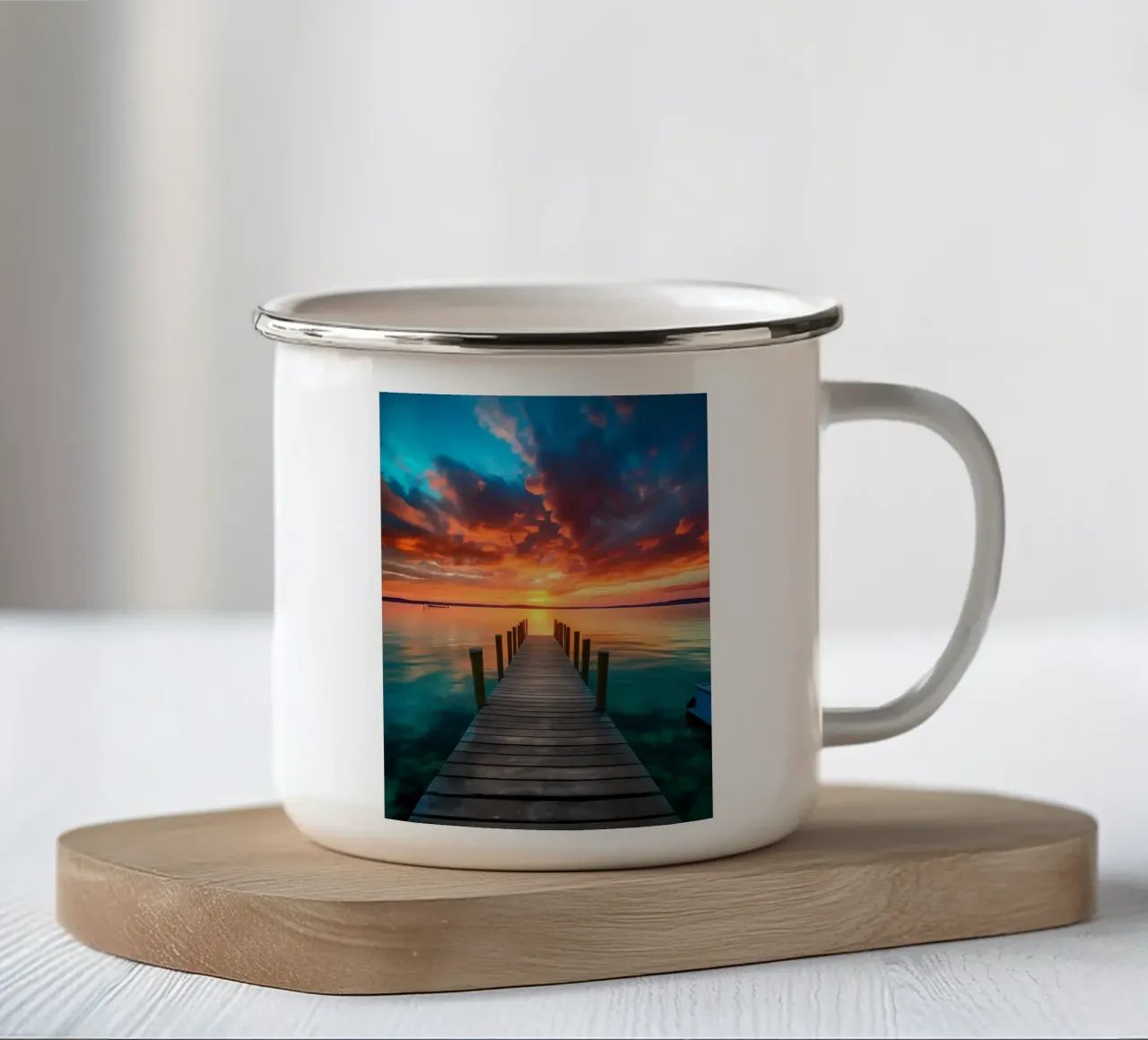 Molo al tramonto sul mare tazza in smalto da book