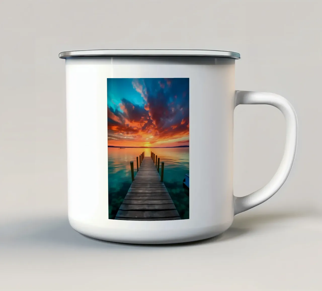 Molo al tramonto sul mare tazza in smalto da book