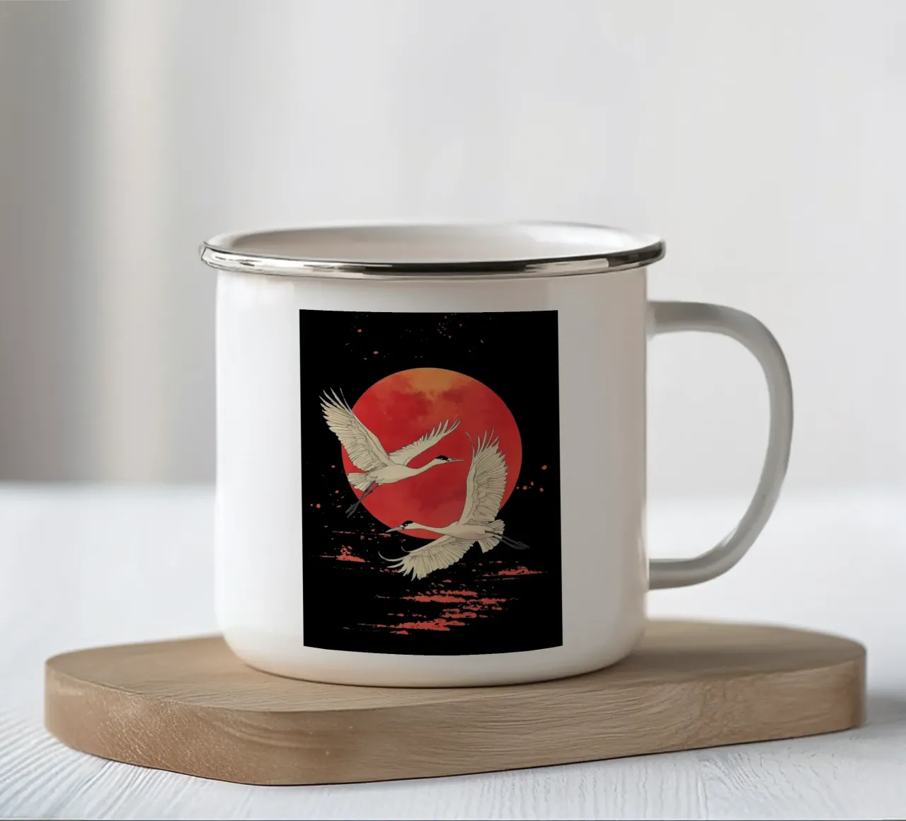 Giappone - Gru e luna rossa tazza in smalto da BirdShop