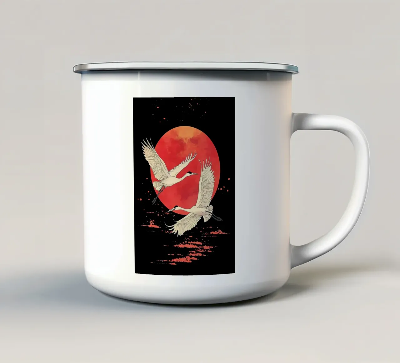 Giappone - Gru e luna rossa tazza in smalto da BirdShop