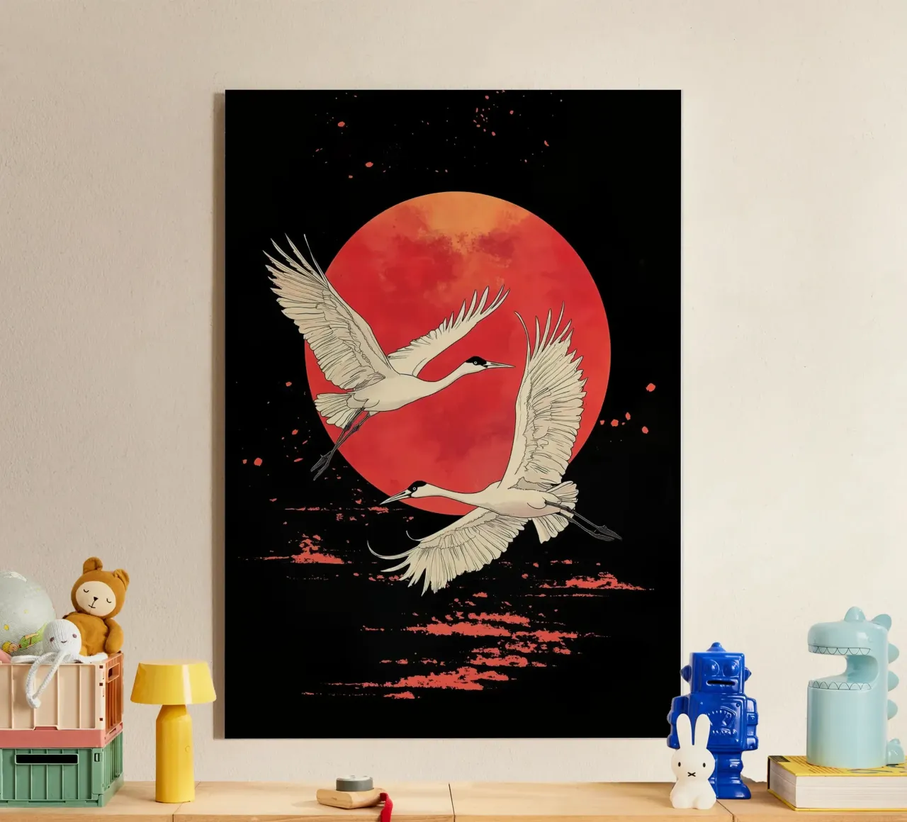 japan - Cranes and Red Moon acrylic glass by BirdShop