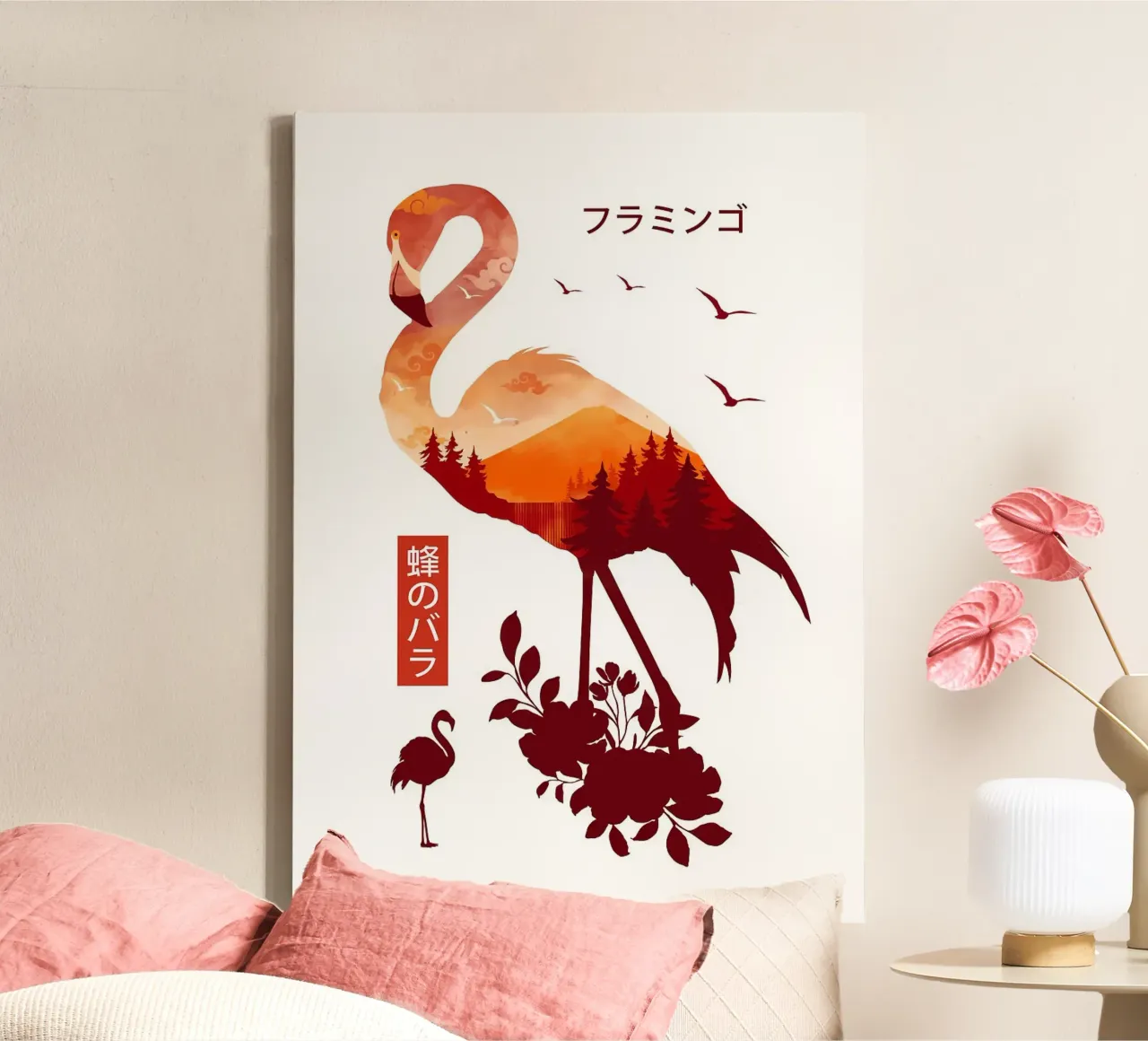 Flamingo-Landschaft Leinwand mit Schattenfugenrahmen von BirdShop