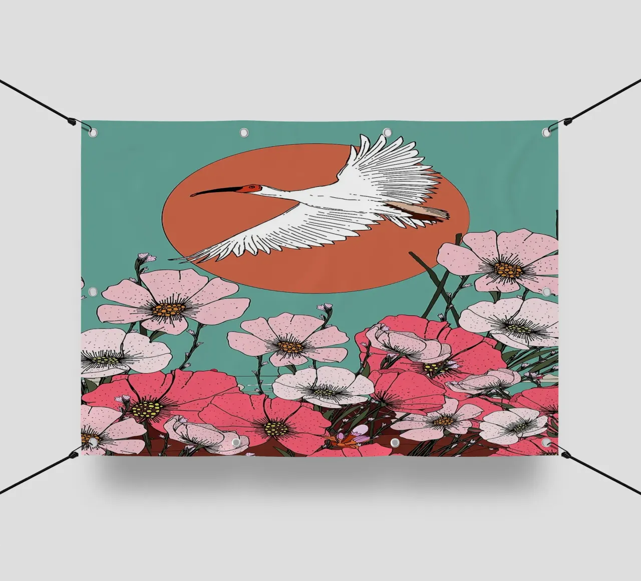 Illustration d'une grue et de fleurs bâche pvc de BirdShop