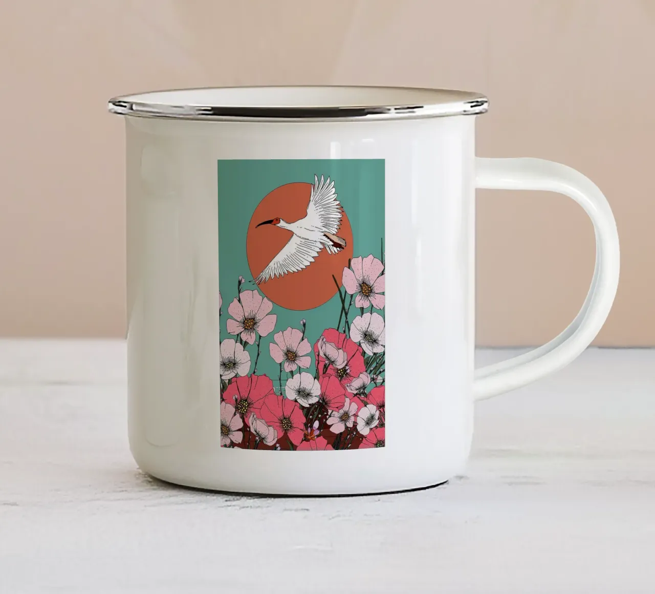 Illustrazione di gru e fiori tazza in smalto da BirdShop