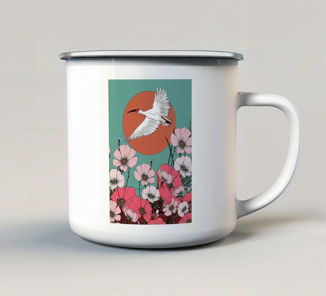 Illustrazione di gru e fiori tazza in smalto da BirdShop