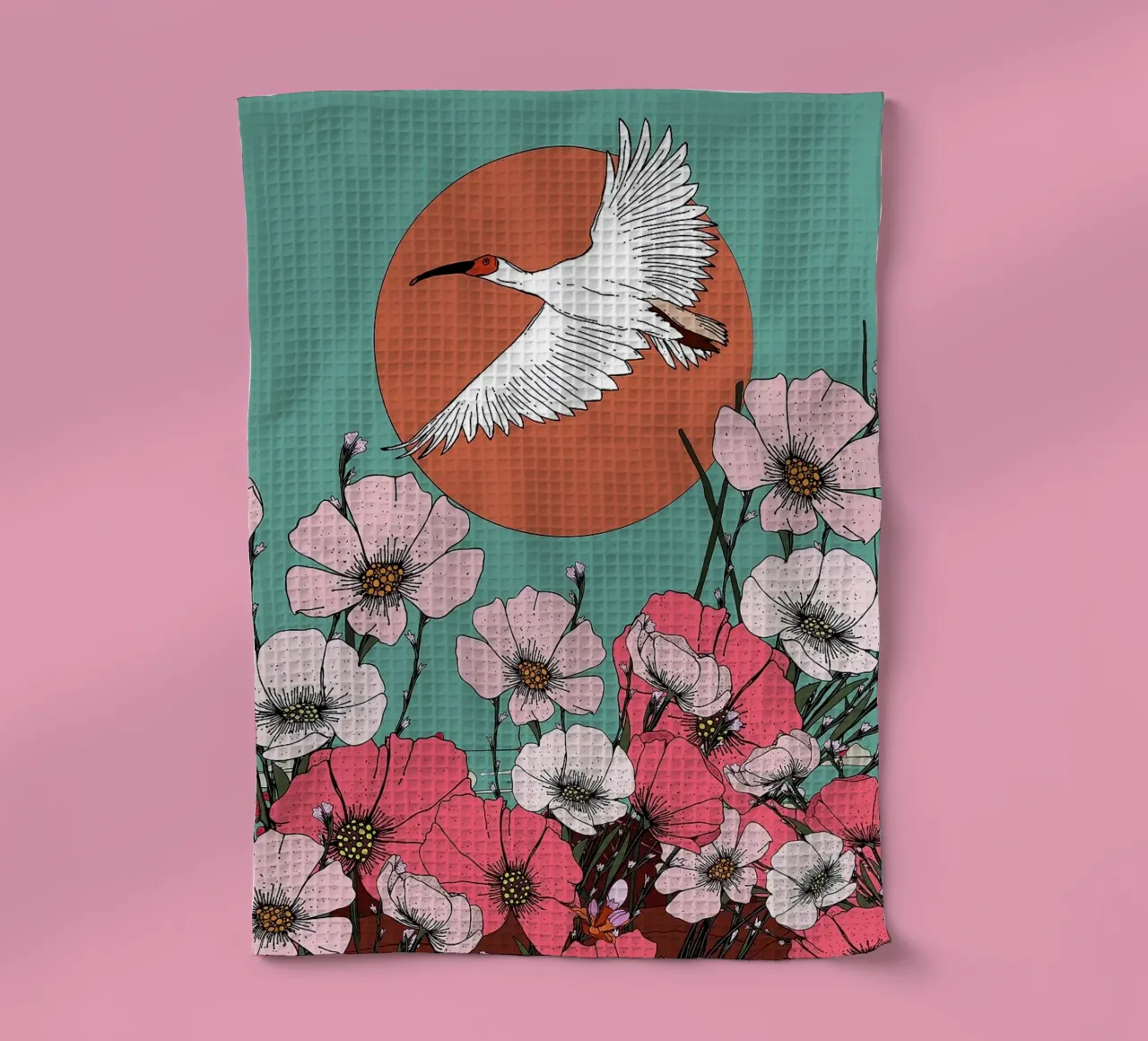 Illustration d'une grue et de fleurs torchon de BirdShop