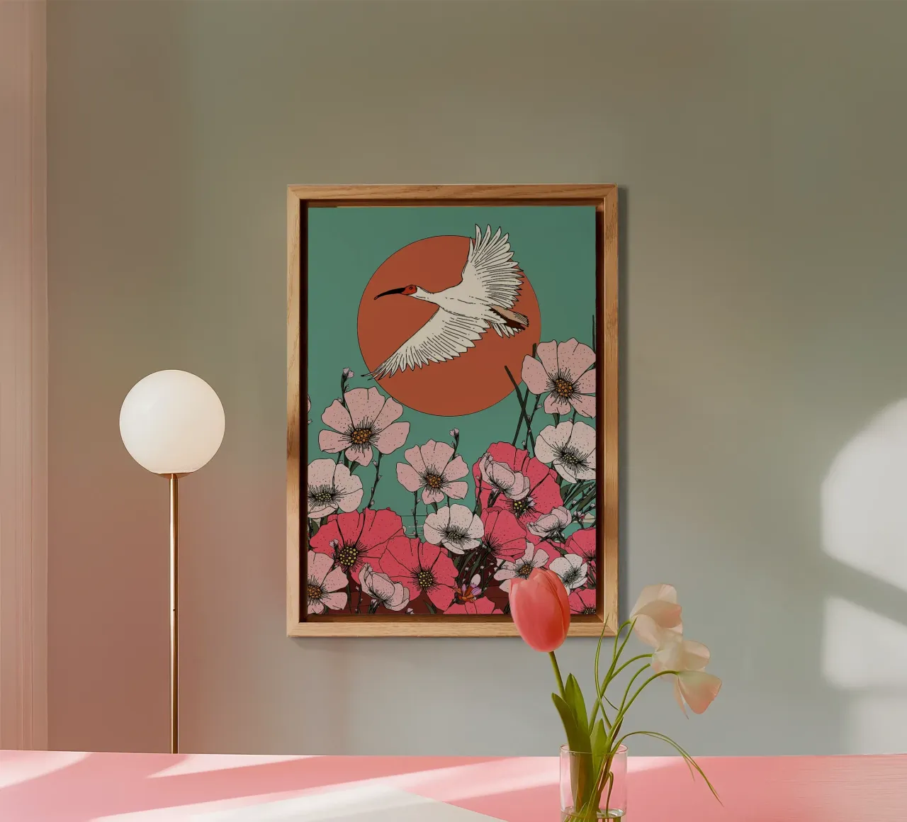 Illustrazione di gru e fiori alluminio dibond da BirdShop