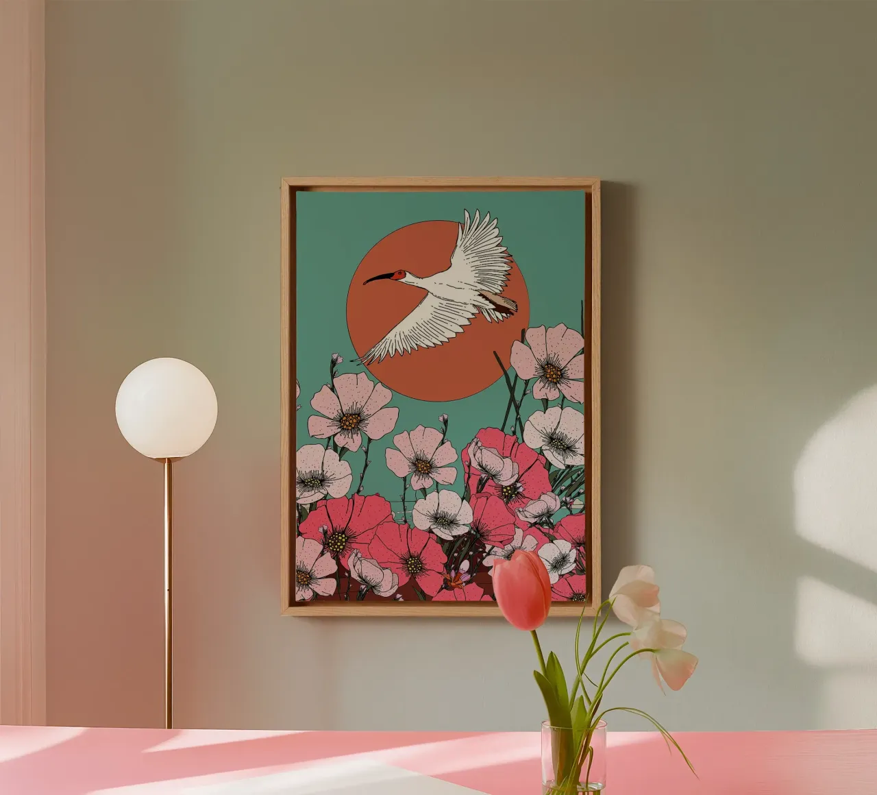 Illustrazione di gru e fiori tela con Cornice a cassetta da BirdShop