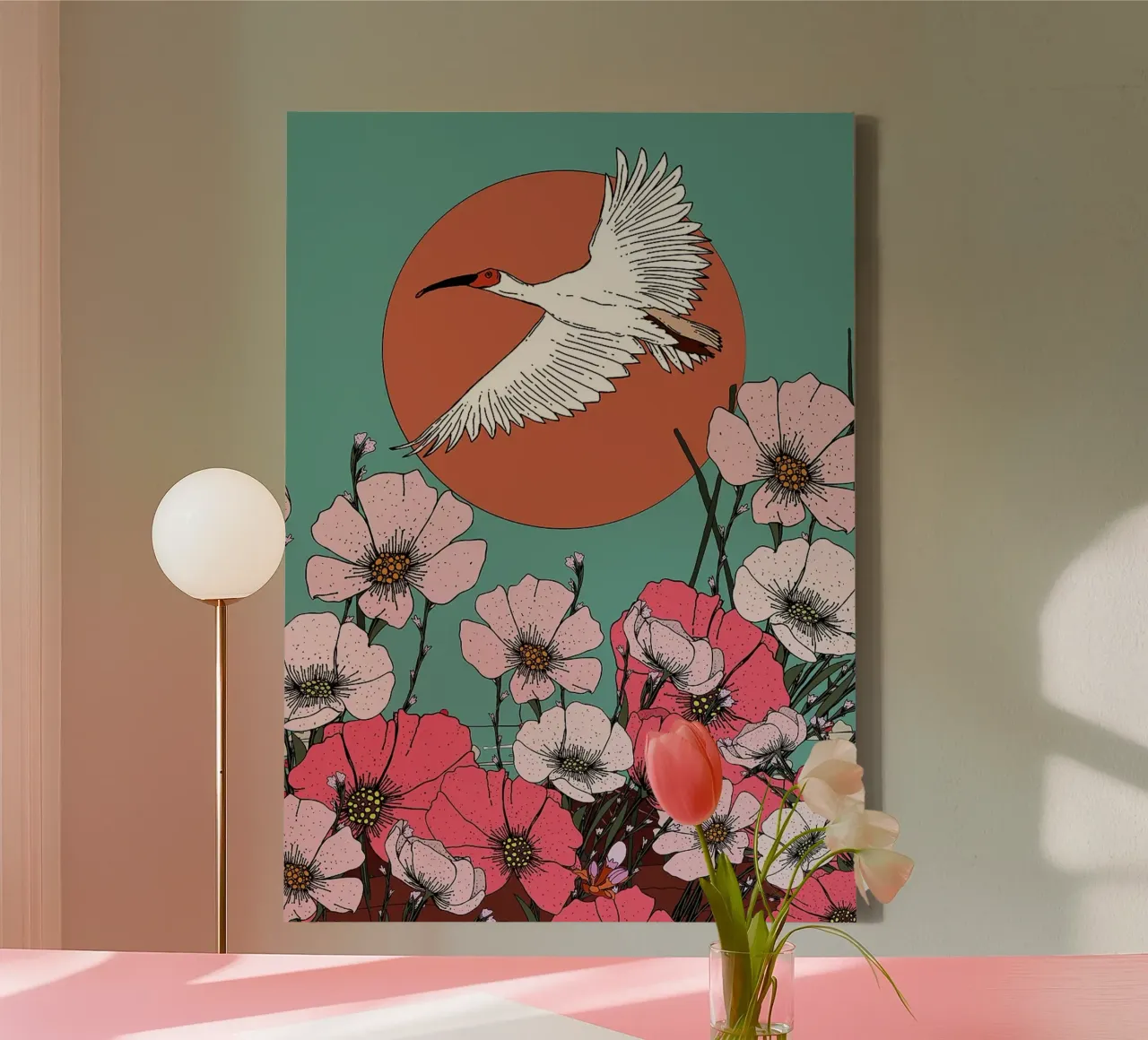 Illustrazione di gru e fiori tela con Cornice a cassetta da BirdShop