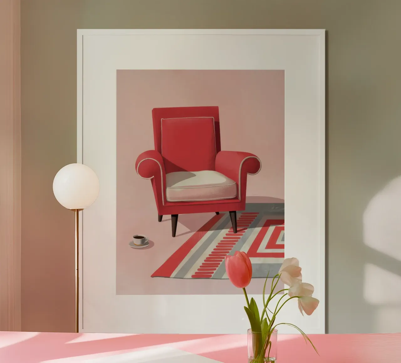Sedia rossa Tappeto bianco poster con telaio in plastica da Pan Denim