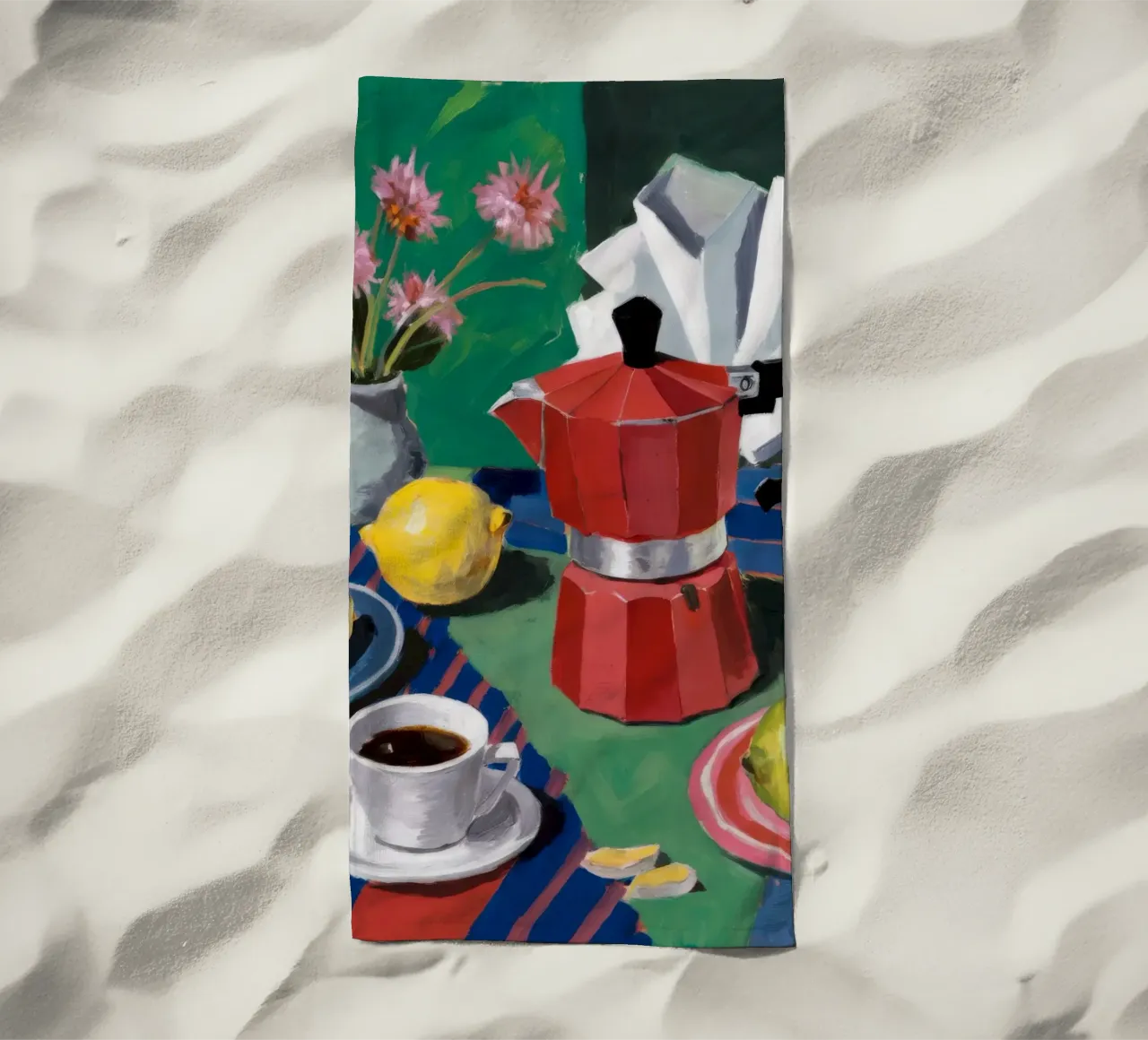 Momento caffè cremisi telo mare da Fable Tempa