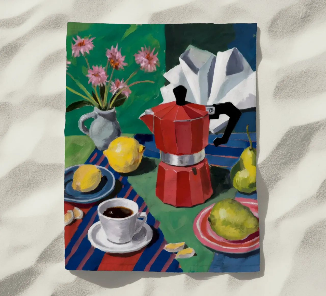 Momento caffè cremisi telo mare da Fable Tempa
