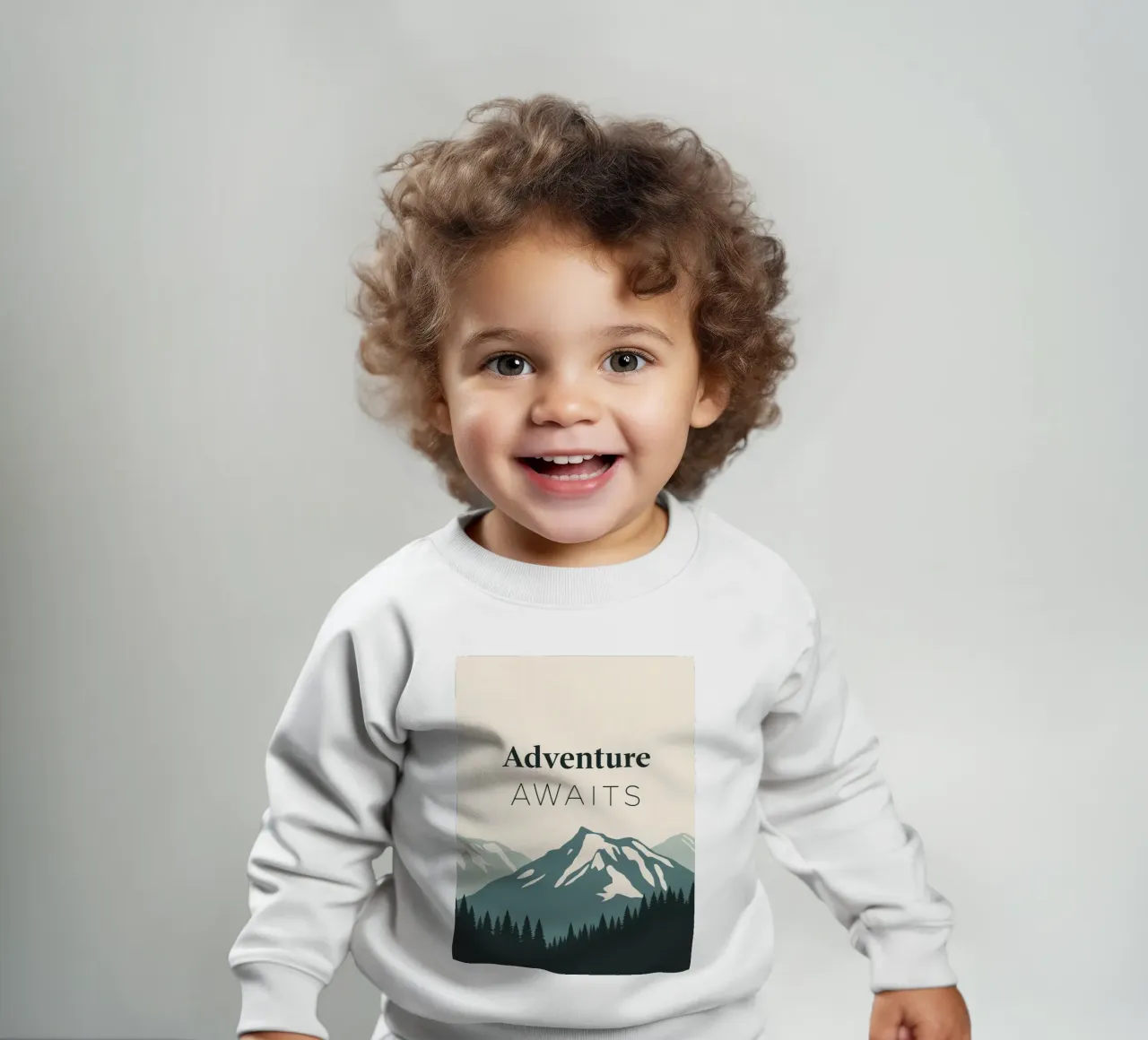 Arte di montagne e alberi con testo 'Adventure Awaits' (L'avventura ti aspetta) felpa neonato da DesignDoodle