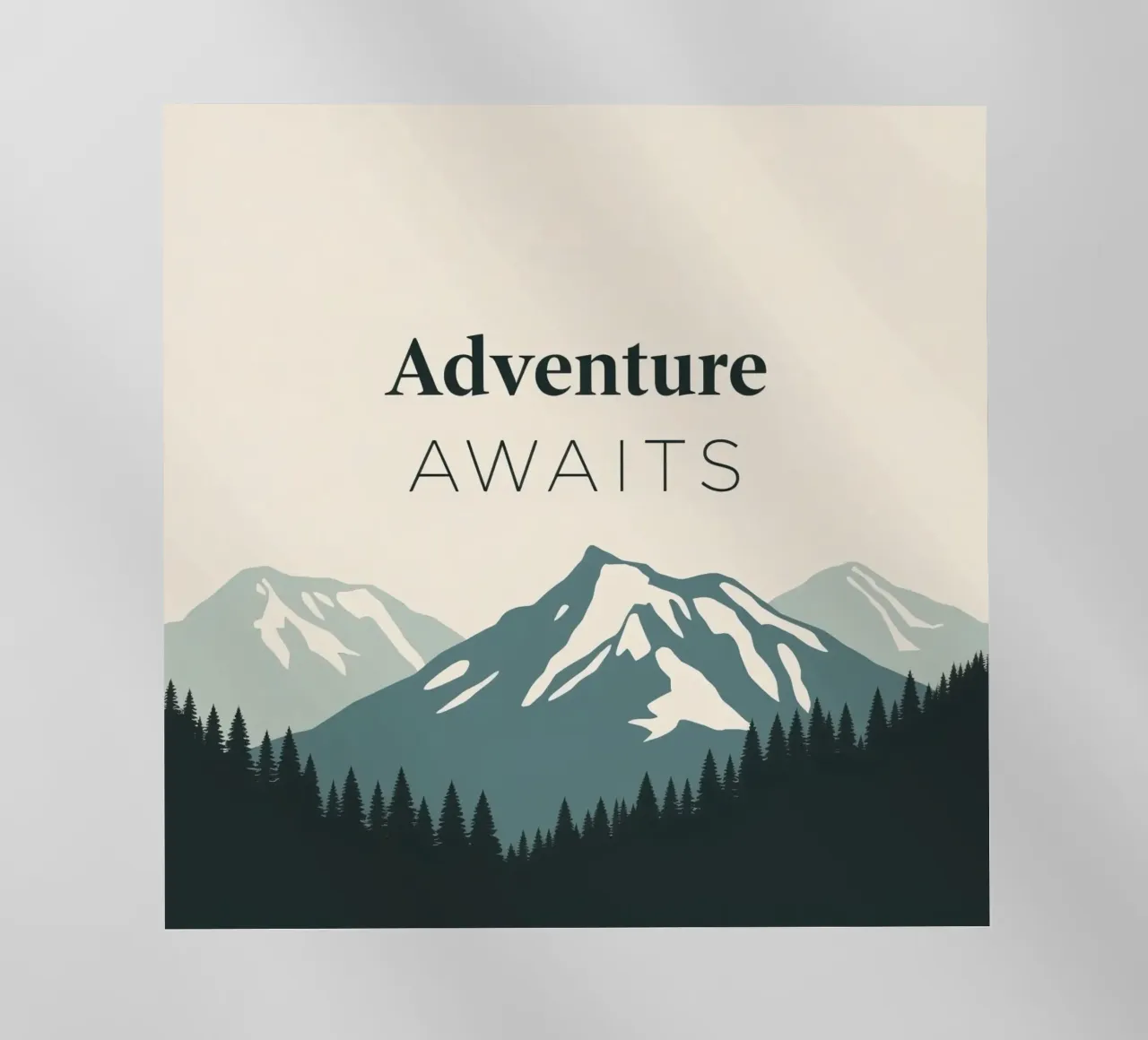 Arte di montagne e alberi con testo 'Adventure Awaits' (L'avventura ti aspetta) pellicola backlit da DesignDoodle