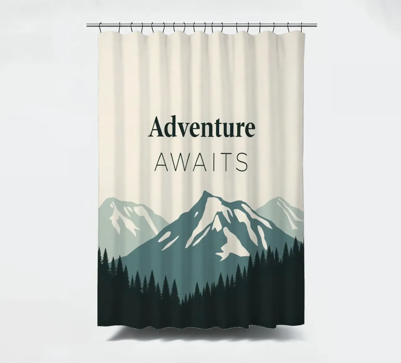 Mountains and trees art with text 'Adventure Awaits' shower curtain by DesignDoodle