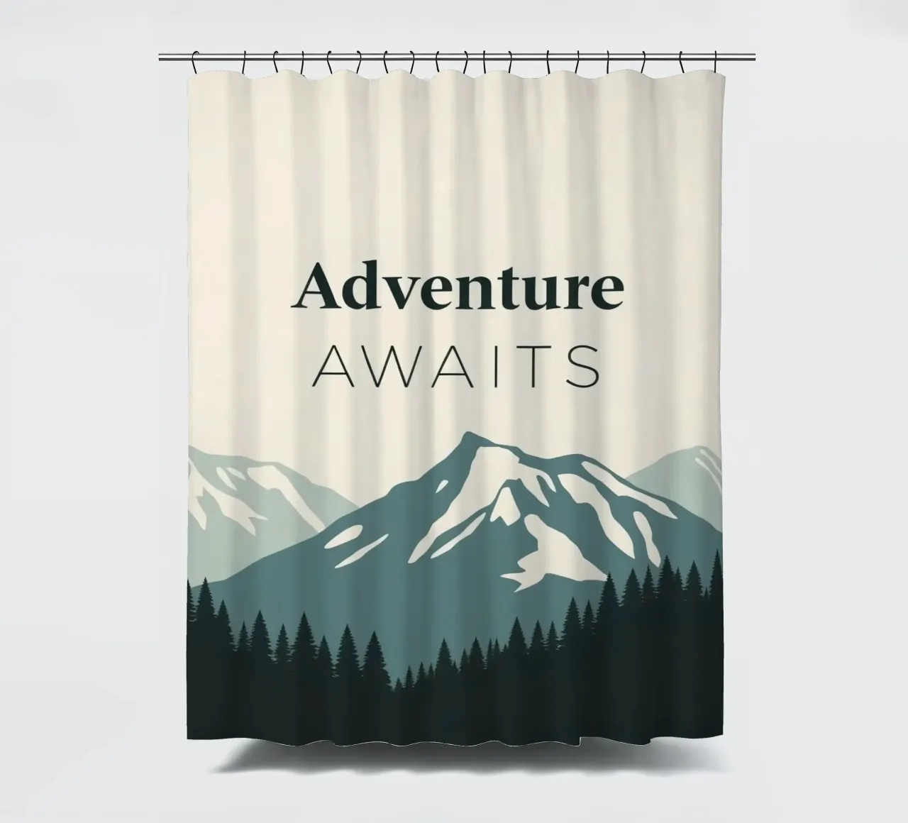 Mountains and trees art with text 'Adventure Awaits' shower curtain by DesignDoodle