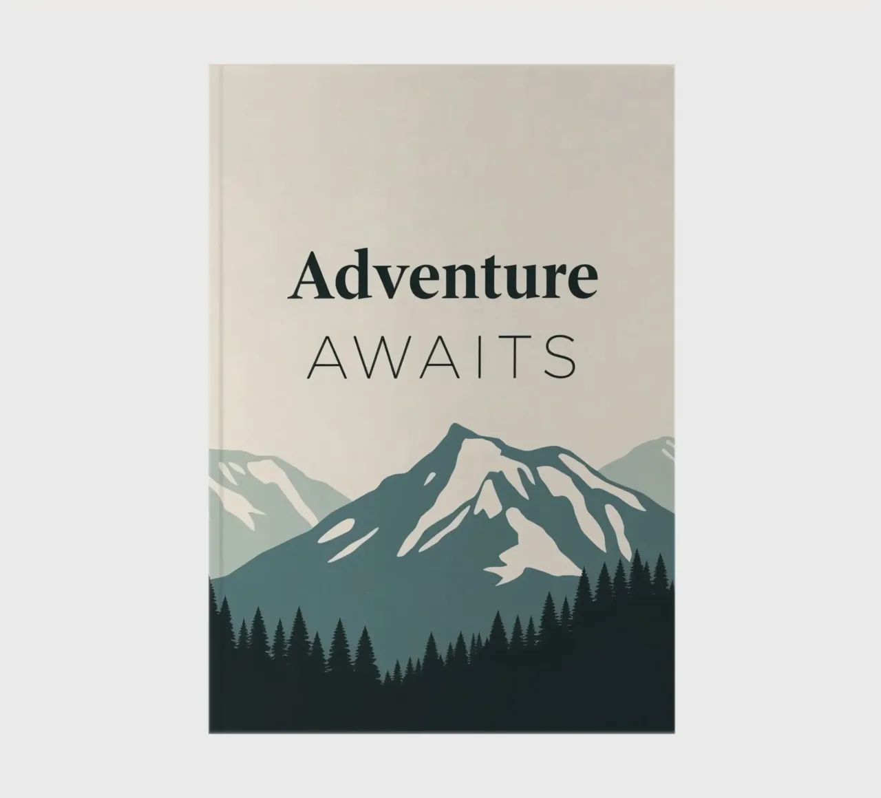 Mountains and trees art with text 'Adventure Awaits' notebook by DesignDoodle