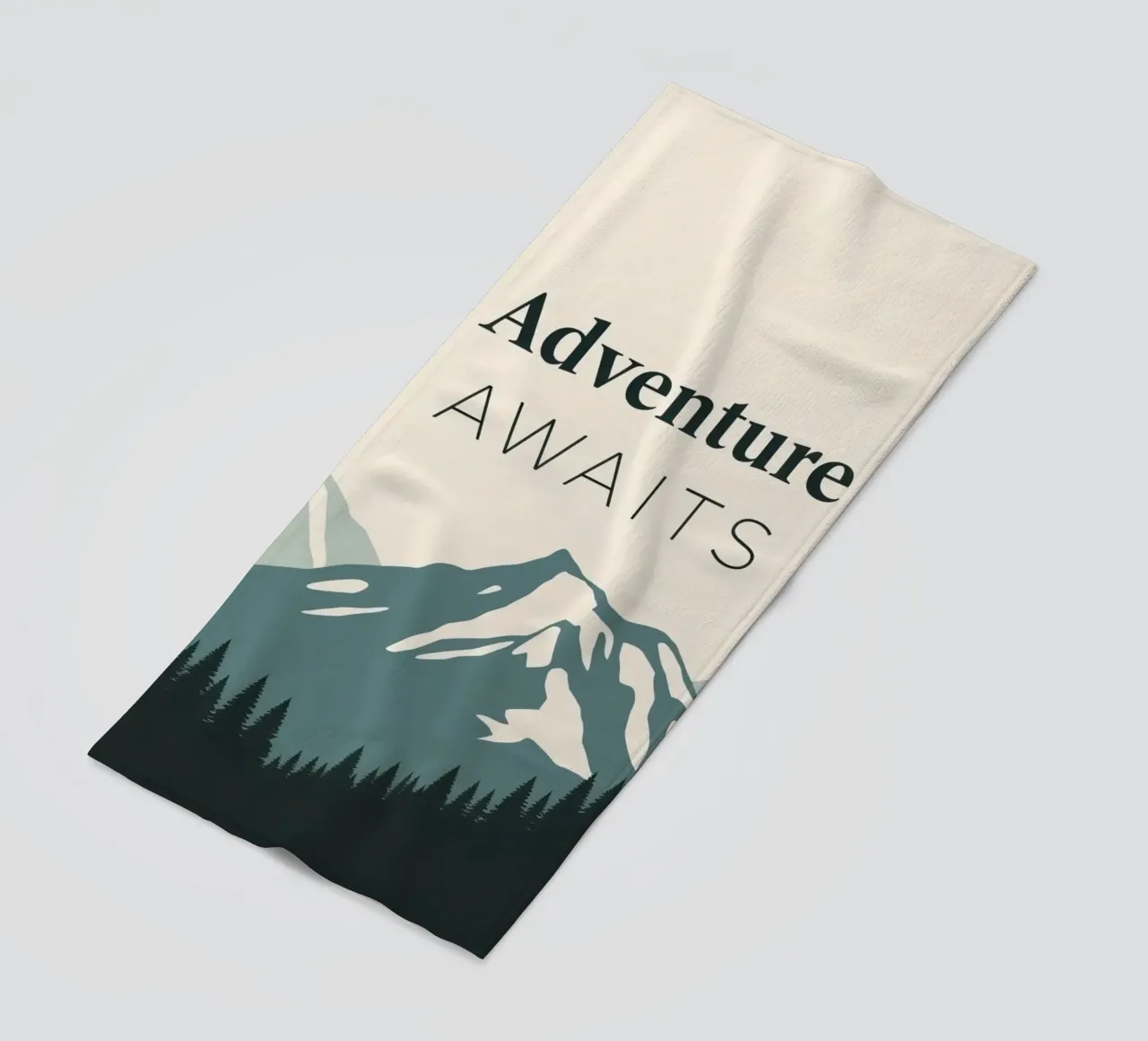 Mountains and trees art with text 'Adventure Awaits' beach towel by DesignDoodle