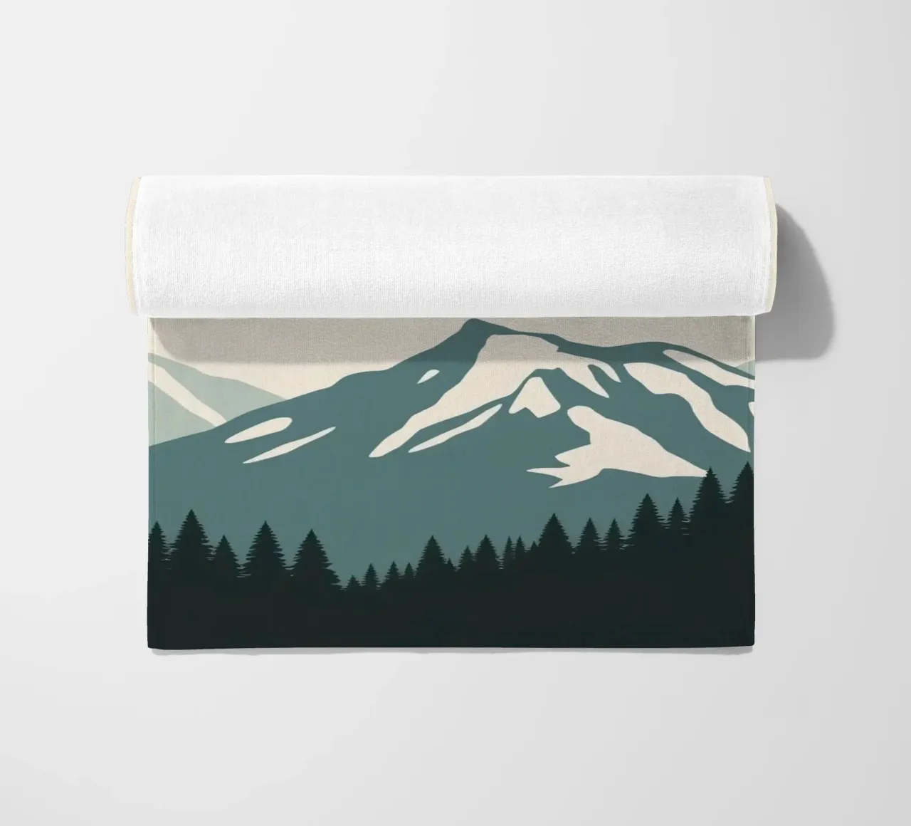 Mountains and trees art with text 'Adventure Awaits' beach towel by DesignDoodle