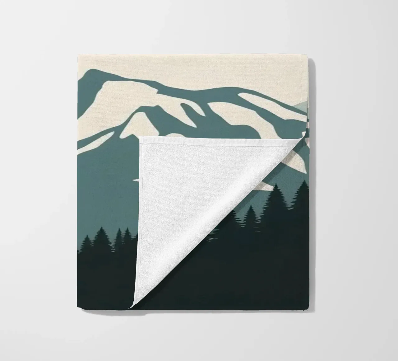 Mountains and trees art with text 'Adventure Awaits' beach towel by DesignDoodle