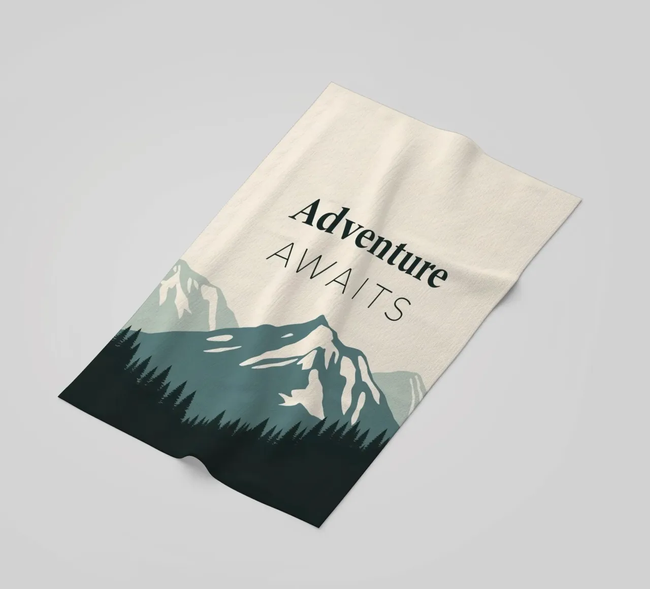 Mountains and trees art with text 'Adventure Awaits' beach towel by DesignDoodle